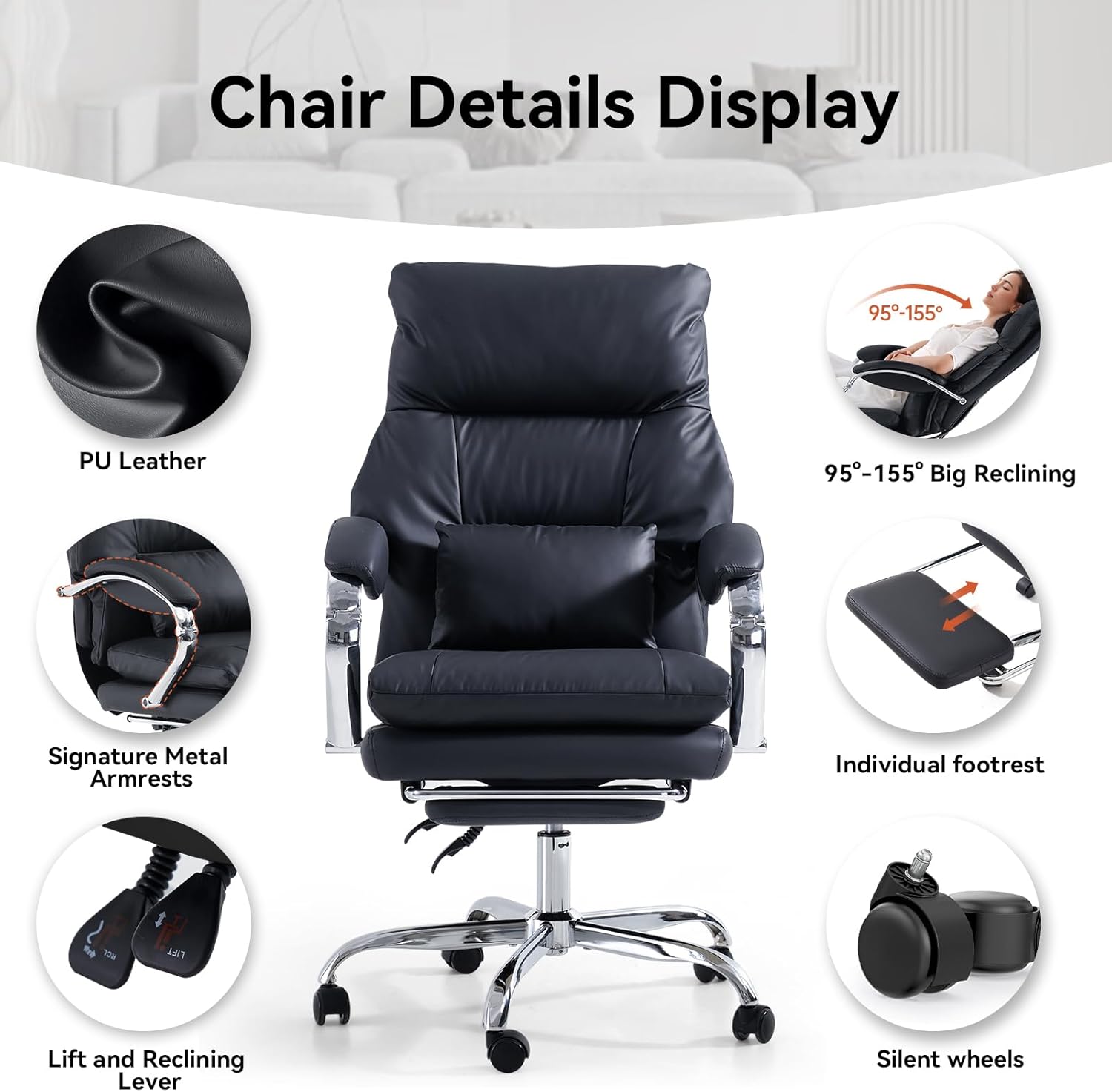 LEAGOO Office Chair with Foot Rest, Executive Reclining Office Chairs with Arms, Ergonomic High Back PU Leather Comfy Swivel Computer Desk Chairs with Wheels and Lumbar Support for Home Office, Black