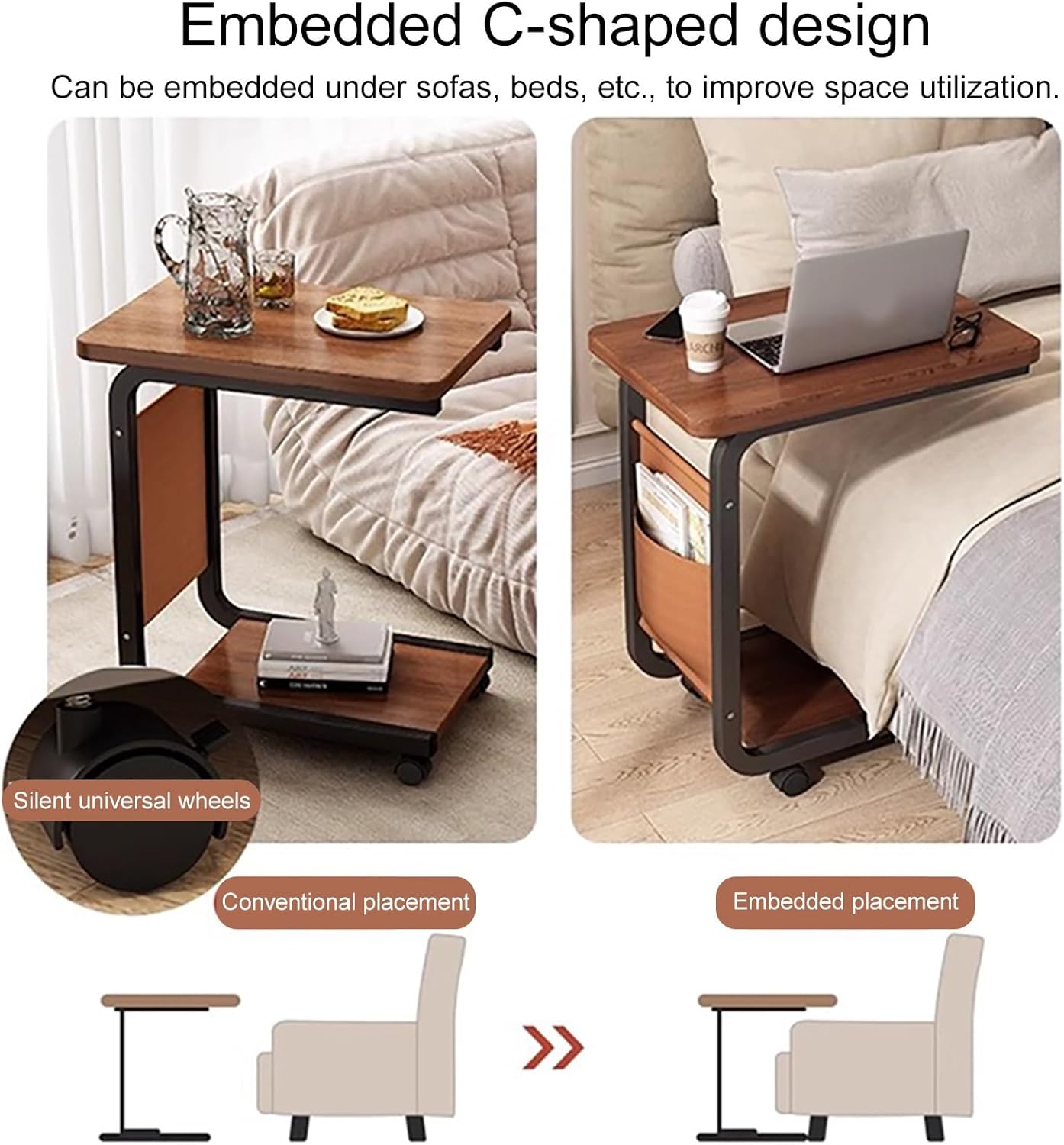 Overbed Bedside Table with Wheels, Rolling Laptop Table with Metal Frame, Ultra-Low Profile Base Fits Under Beds & Sofas, for Hospital and Home Use