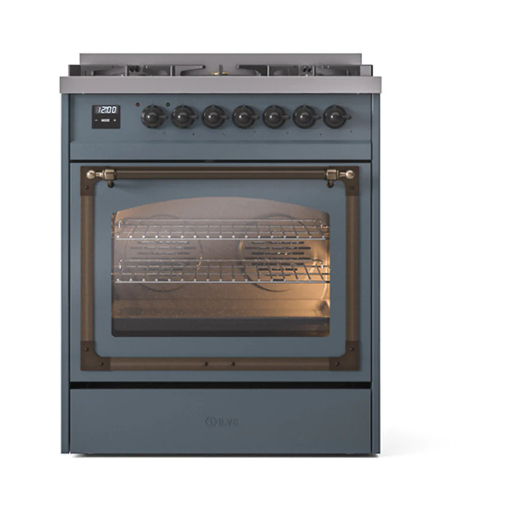 ILVE Nostalgie II Noblesse 30-Inch Dual Fuel Range with Triple Glass Door in Blue Grey with Bronze Trim (UN30NMPBGB)
