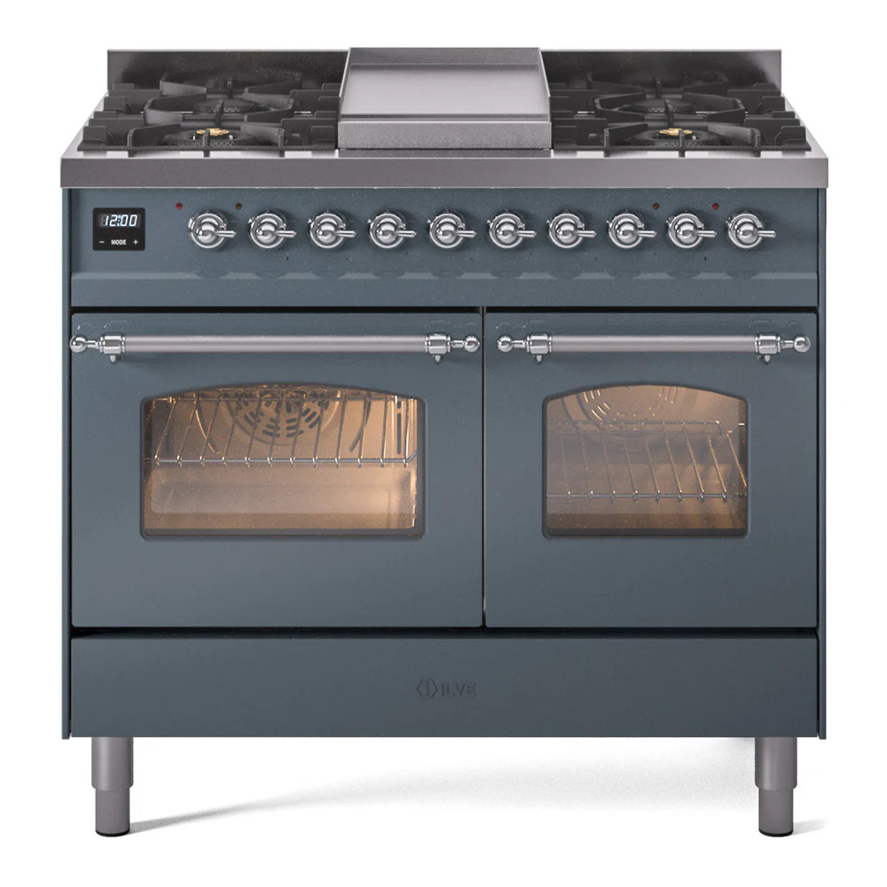 ILVE Nostalgie II 40-Inch Dual Fuel Freestanding Range in Blue Grey with Chrome Trim (UPD40FNMPBGC)
