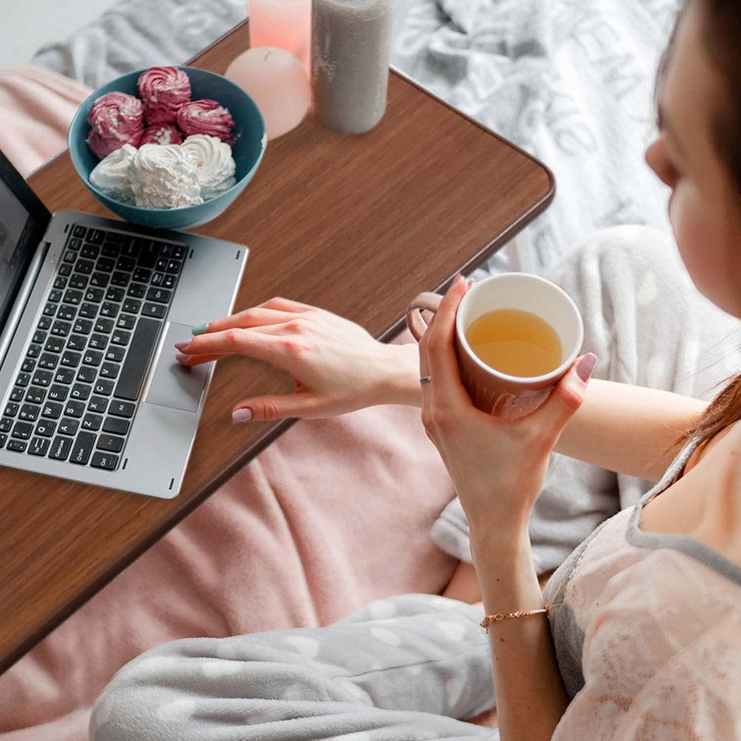 Vaunn Medical Electric Overbed Table Bedside Height Adjustable Table with Wheels (Electric-Powered, Hospital and Home Use) - Brown (Organic Modern)