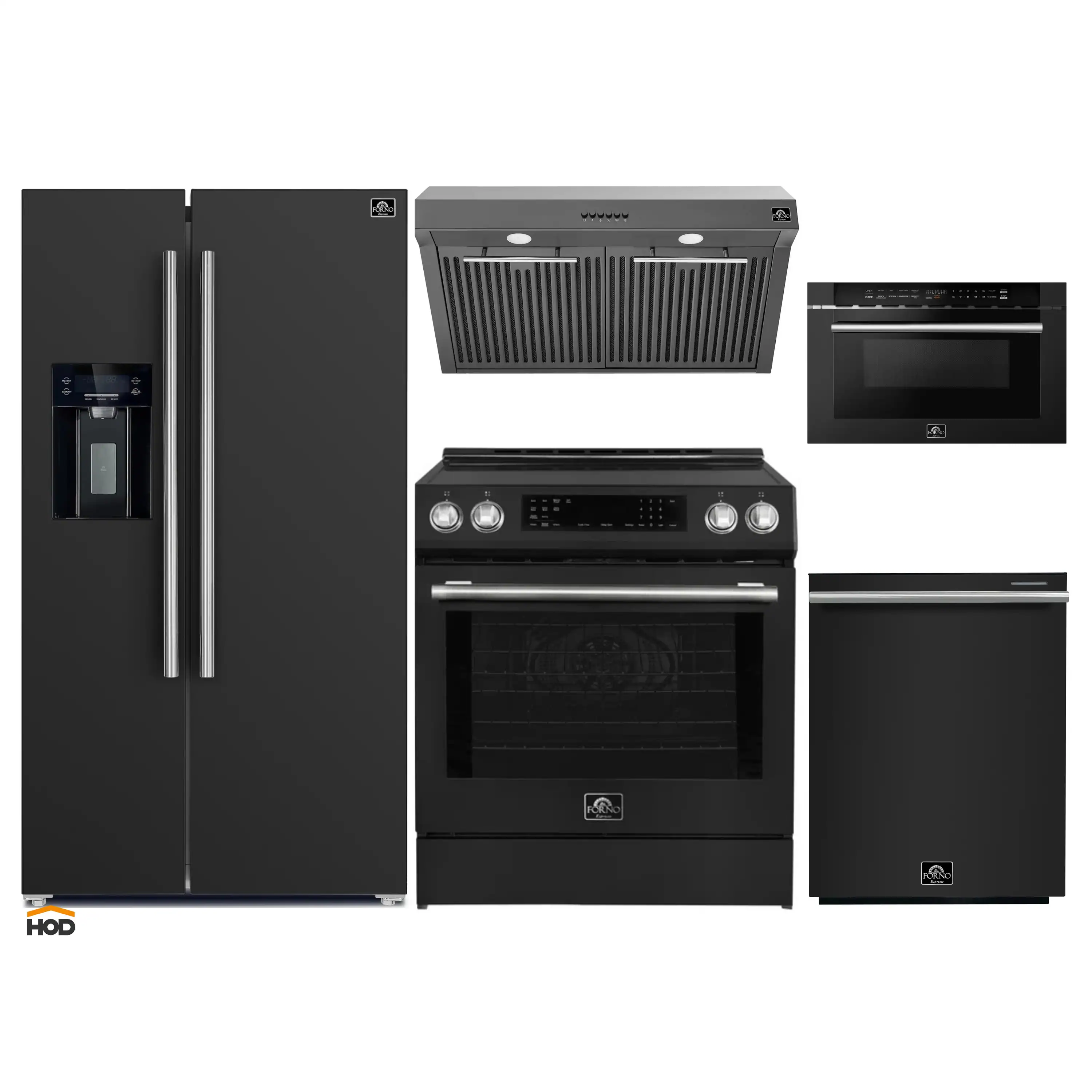 Forno 5-Piece Appliance Package - 30-Inch Induction Range, Under Cabinet Range Hood, Refrigerator with Water Dispenser, Dishwasher, and  Microwave Drawer in Black with Stainless Steel Trim