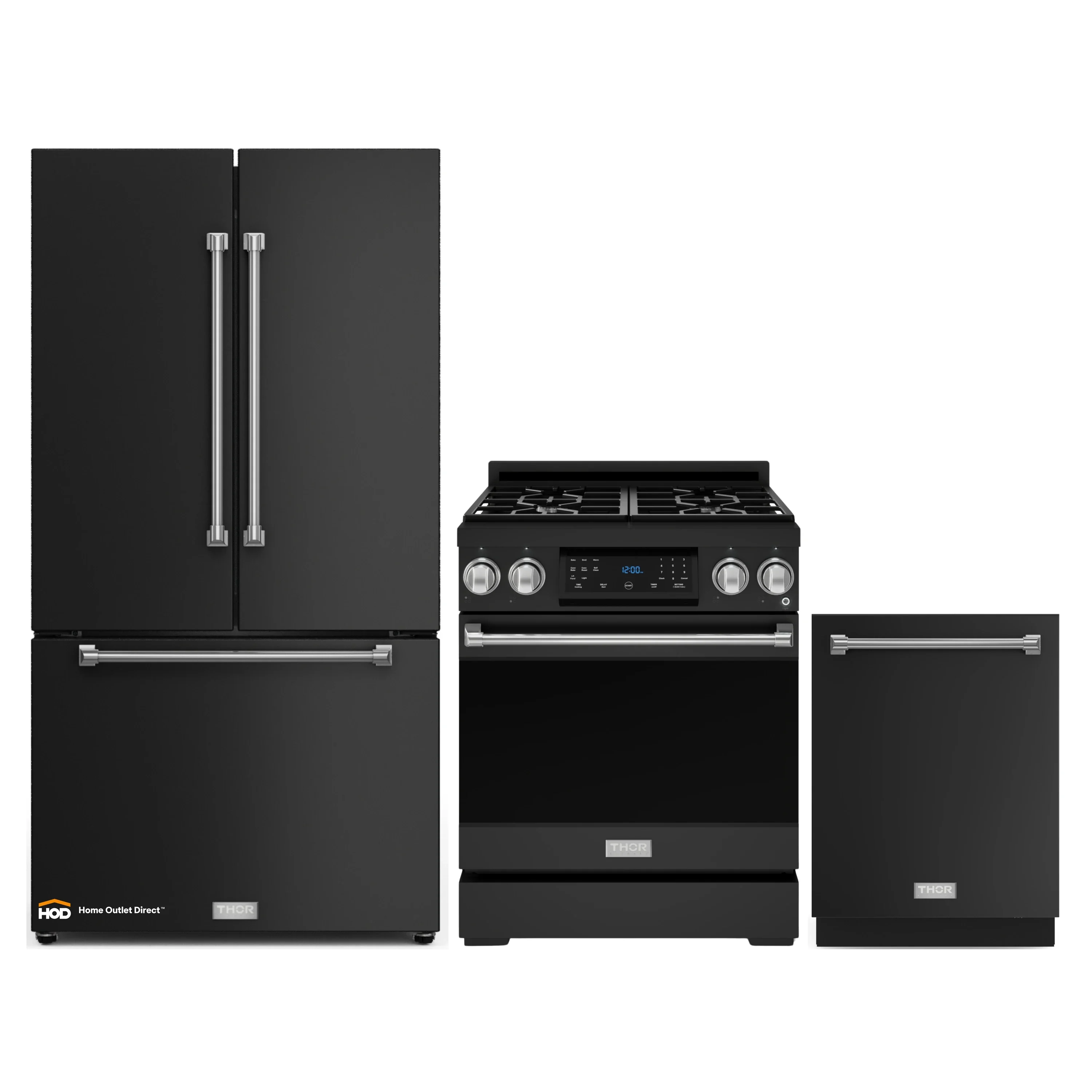 Gordon Ramsay by Thor Kitchen 3-Piece Appliance Package - 30-Inch Gas Range with Tilt Panel, 36-Inch Refrigerator, and Dishwasher in Black with Stainless Steel Trim