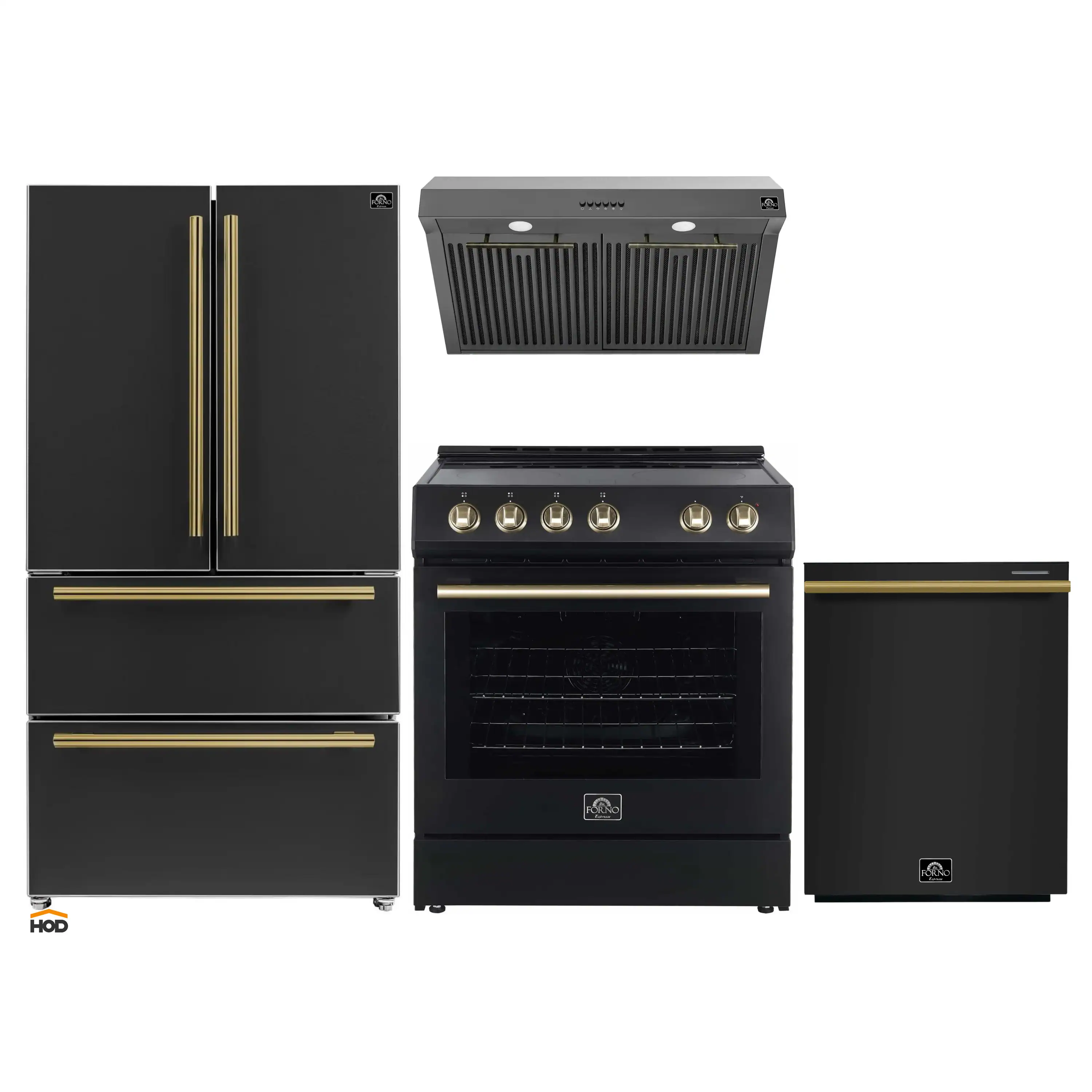 Forno Espresso 4-Piece Appliance Package - 30-Inch Electric Range, Under Cabinet Range Hood, Refrigerator and Dishwasher in Black with Antique Brass Trim