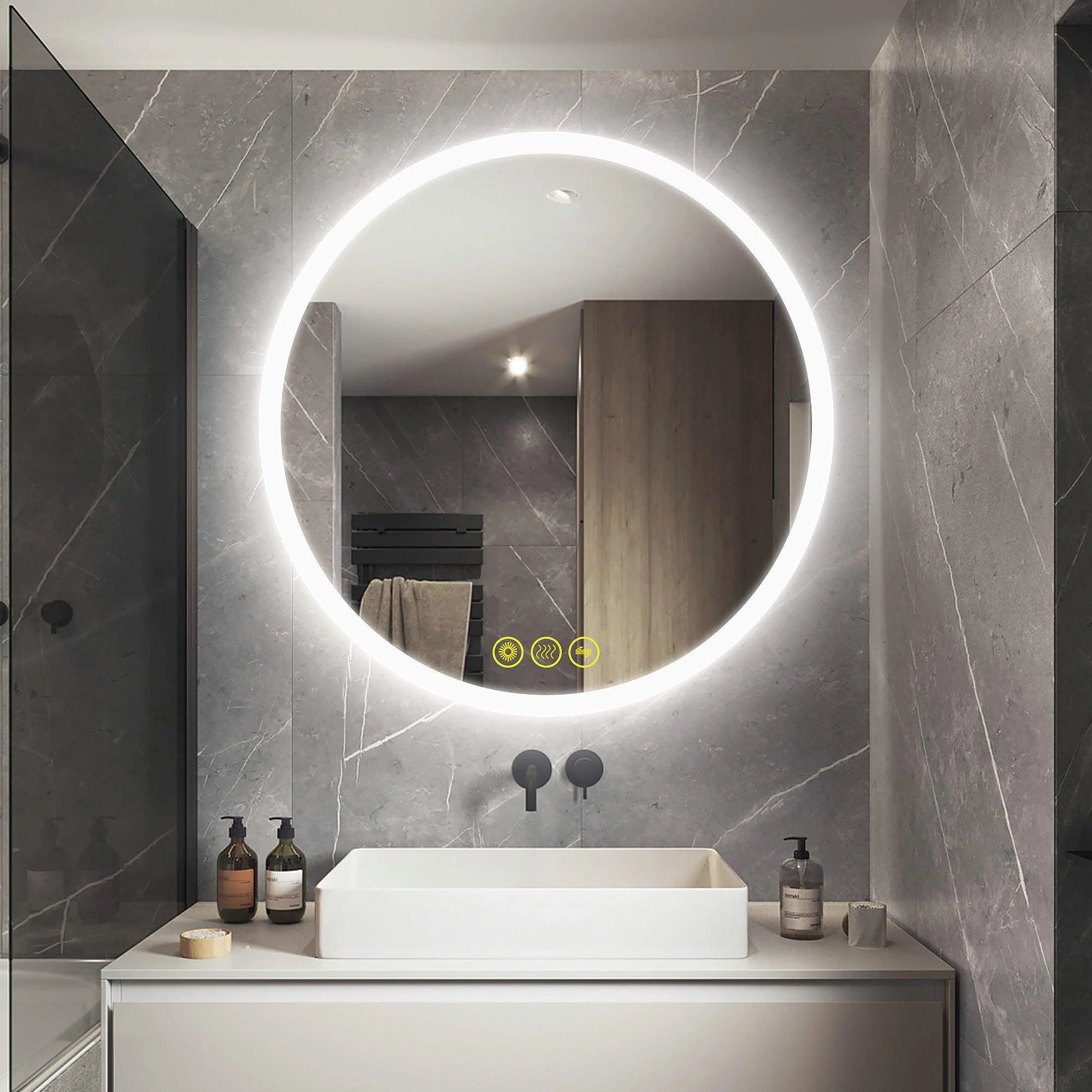 Parrot Uncle SmartReflect Modern Round LED Dimmable Anti-Fog Frameless Bathroom Vanity Mirror
