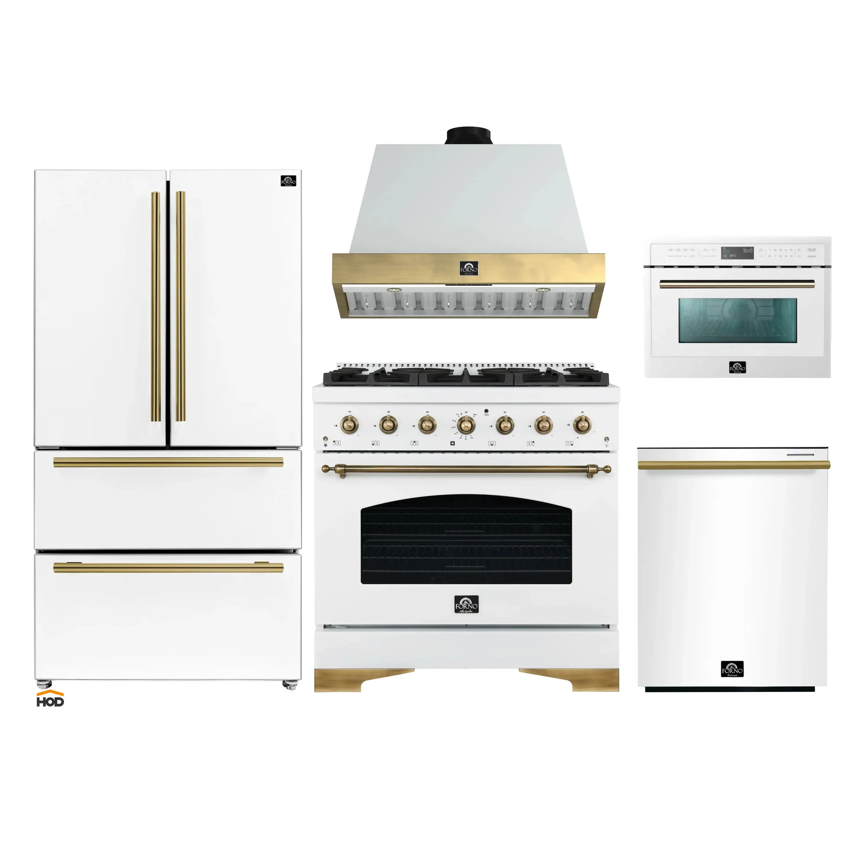 Forno Antico 5-Piece Appliance Package - 36-Inch Dual Fuel Range, 36-Inch Hood, 36-Inch Refrigerator, 24-Inch Dishwasher, & 24-Inch Microwave Oven in White with Antique Brass Trim