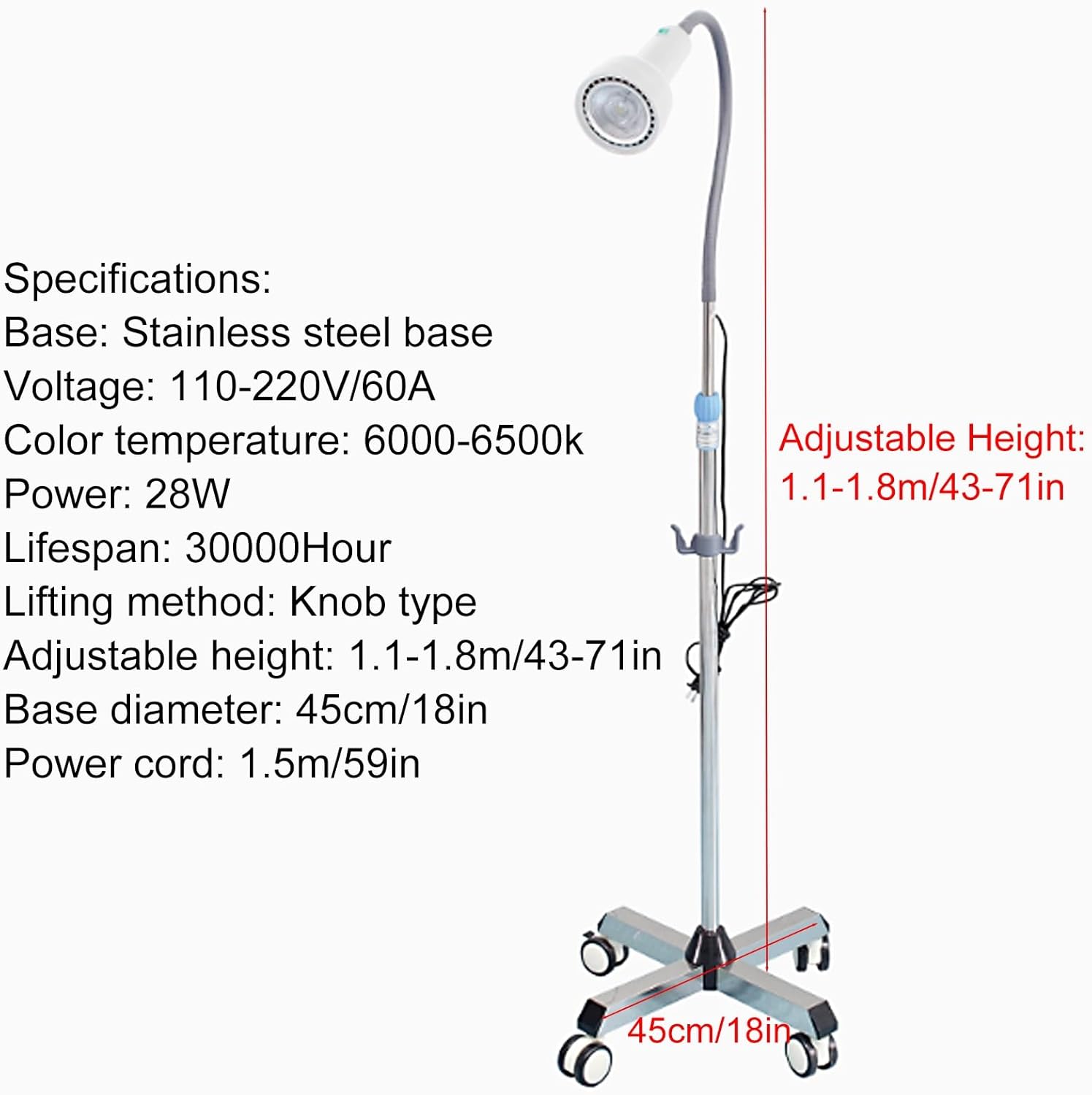 Mobile Medical Exam Lamp, LED Dental-Oral Light Lamp Height Adjustable, Firm Base with 4 Silent Pulley for Dental Beauty Gynecology ENT Surgery