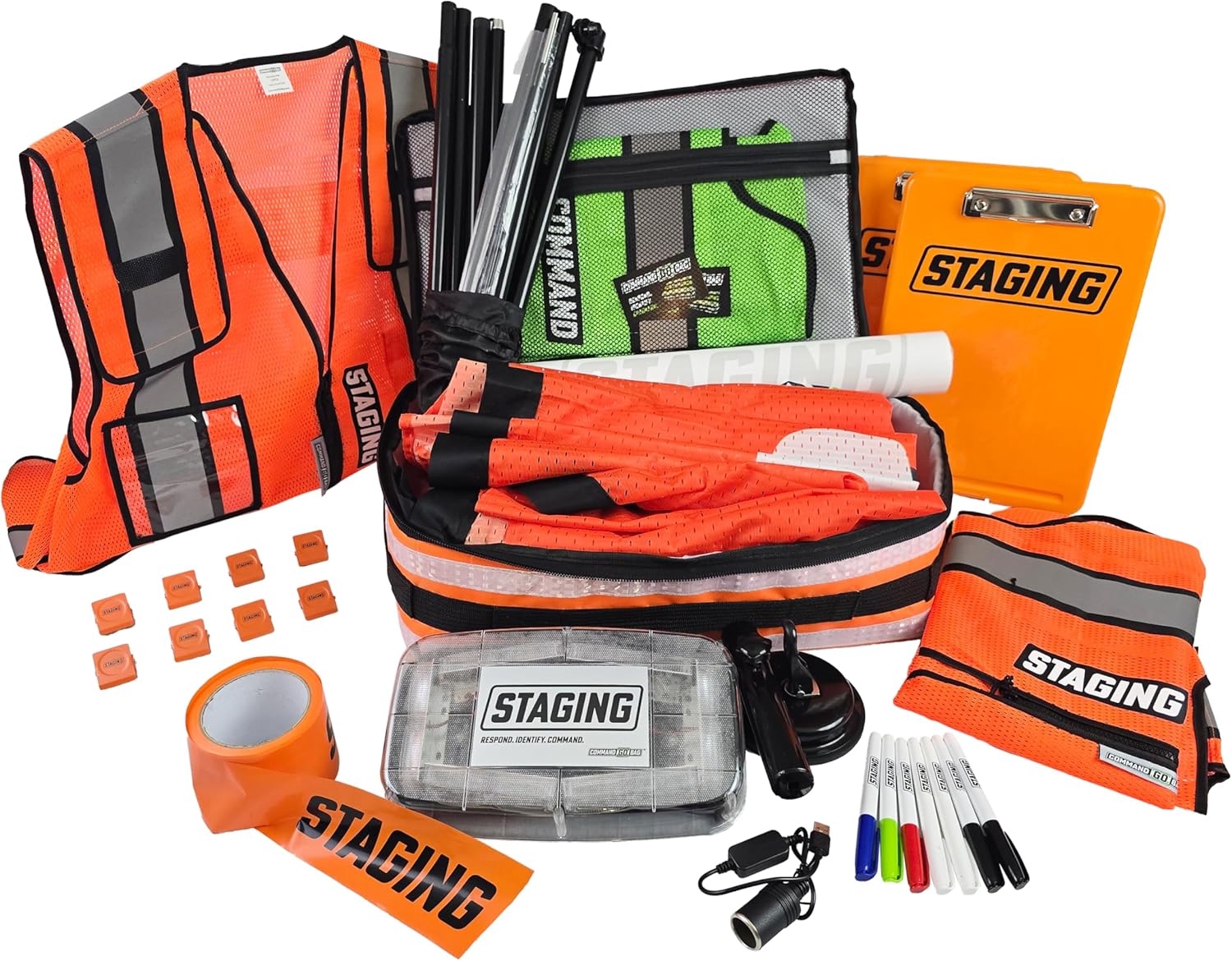 Staging Emergency Evacuation Command Kit, Includes 2 Staging Vests, Flag Banner, Light Strobe, Clipboards, Magnetic Whiteboards, Marker Set, Ribbon & More for Crisis Management, Orange