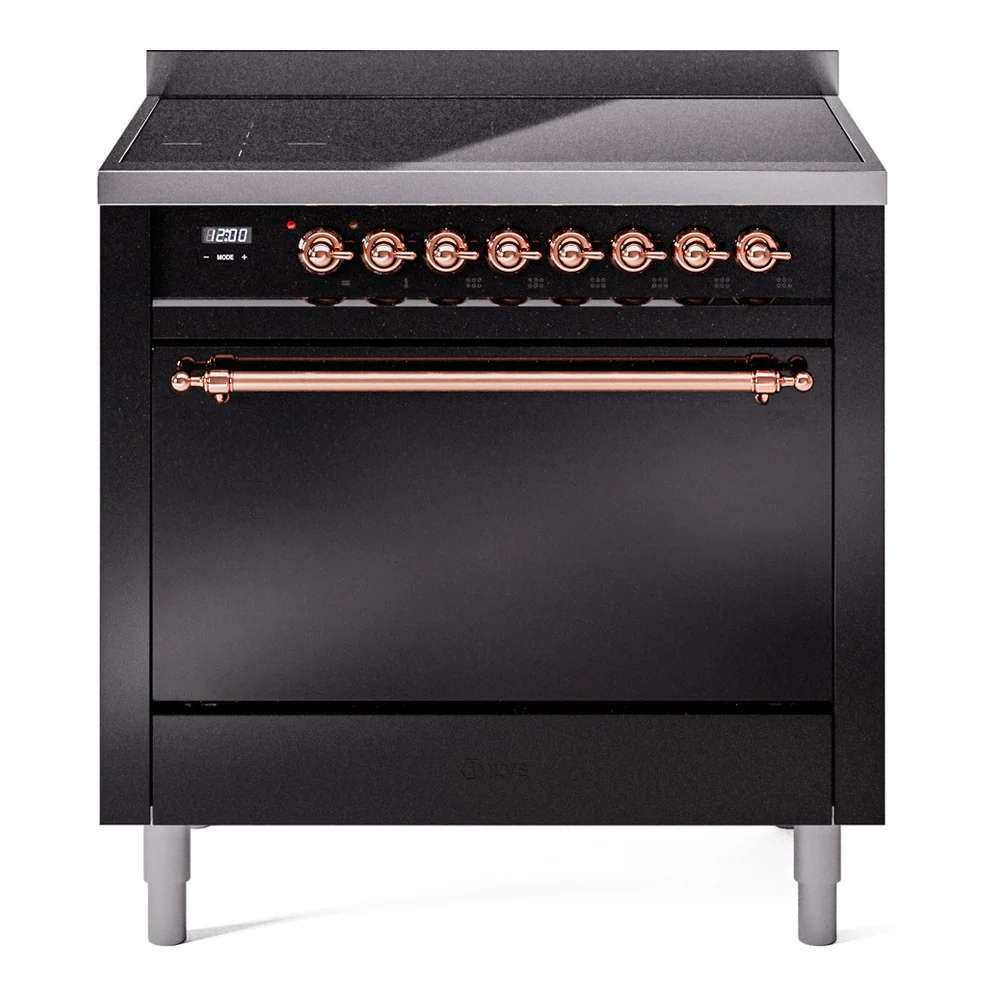 ILVE 36-Inch Nostalgie II Induction Range with Solid Door Oven in Glossy Black with Copper Trim (UPI366QNMPBKP)