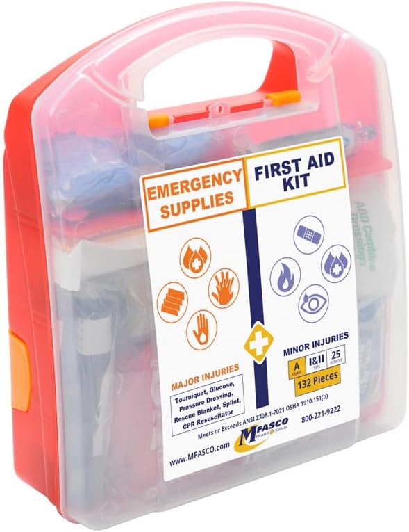 MFASCO Emergency Kit & First Aid Combo Kit - Combines Basic First Aid with supplies for Major Injuries - OSHA 2021 Class A Compliant - First Aid Kit for Business - First Aid Kit for Home and Workplace