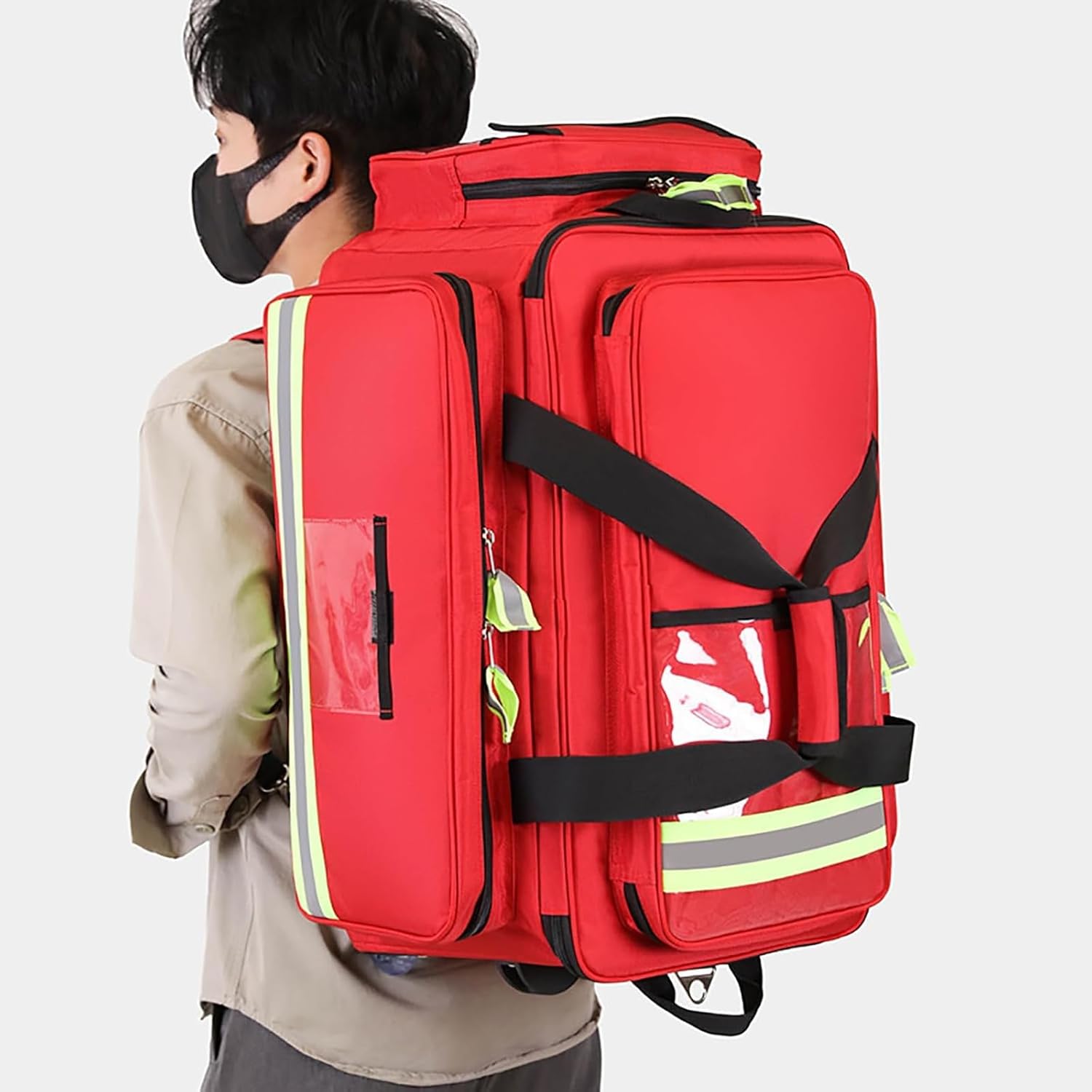 Large Capacity Medical Trolley Bag, Portable Outdoor Emergency Duffle Bag, First Responder First Aid Kit, with Wheels&Compartments, Reflective Strips/High Visibility, for Travel, Camping, and Hiking