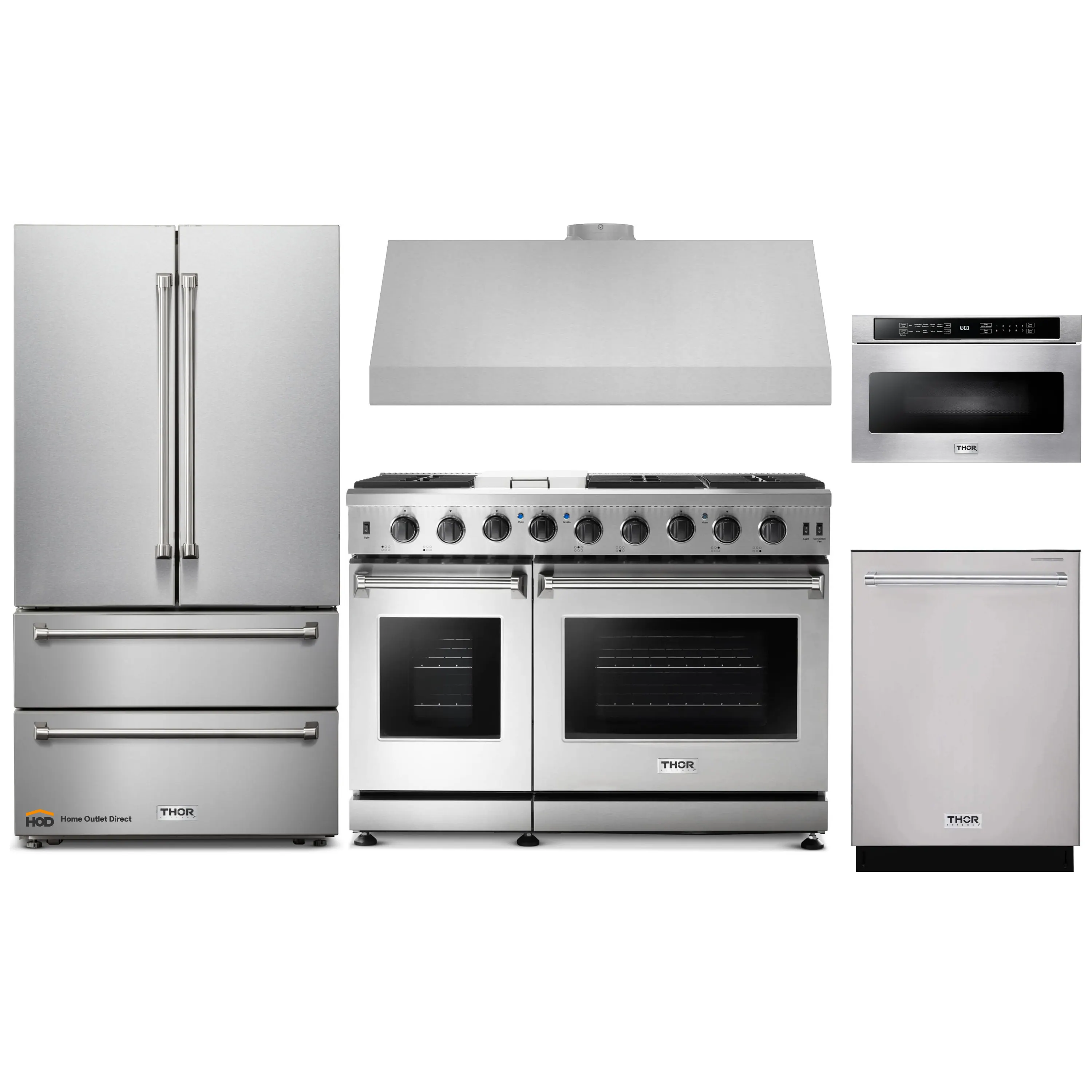 Thor Kitchen 5-Piece Appliance Package - 48-Inch Gas Range, French Door Refrigerator, Under Cabinet 11-Inch Tall Hood, Dishwasher, and Microwave Drawer in Stainless Steel