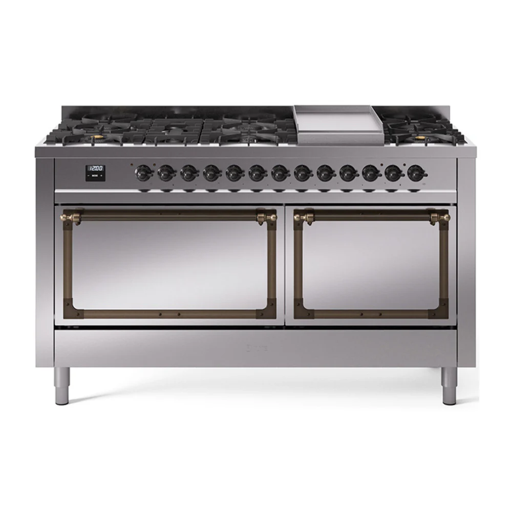 ILVE 60-Inch Nostalgie II Noblesse Dual Fuel Range with 9 Sealed Burners, Griddle, and Solid Door Oven in Stainless Steel with Bronze Trim (UN60FQNMPSSB)