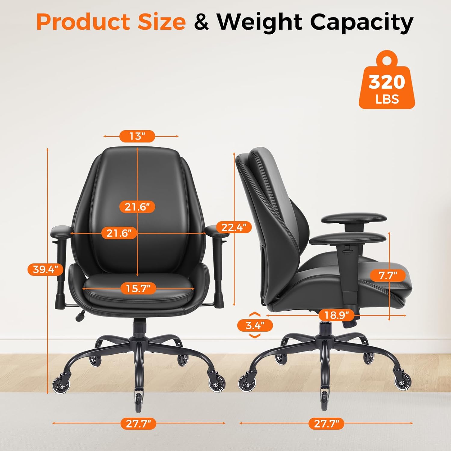 BEWISHOME Leather Ergonomic Office Chair, Home Office Chair, Black Desk Chair with Lumbar Support, Executive Office Chair, Computer Desk Chair with Adjustable Armrests & Quiet Wheels
