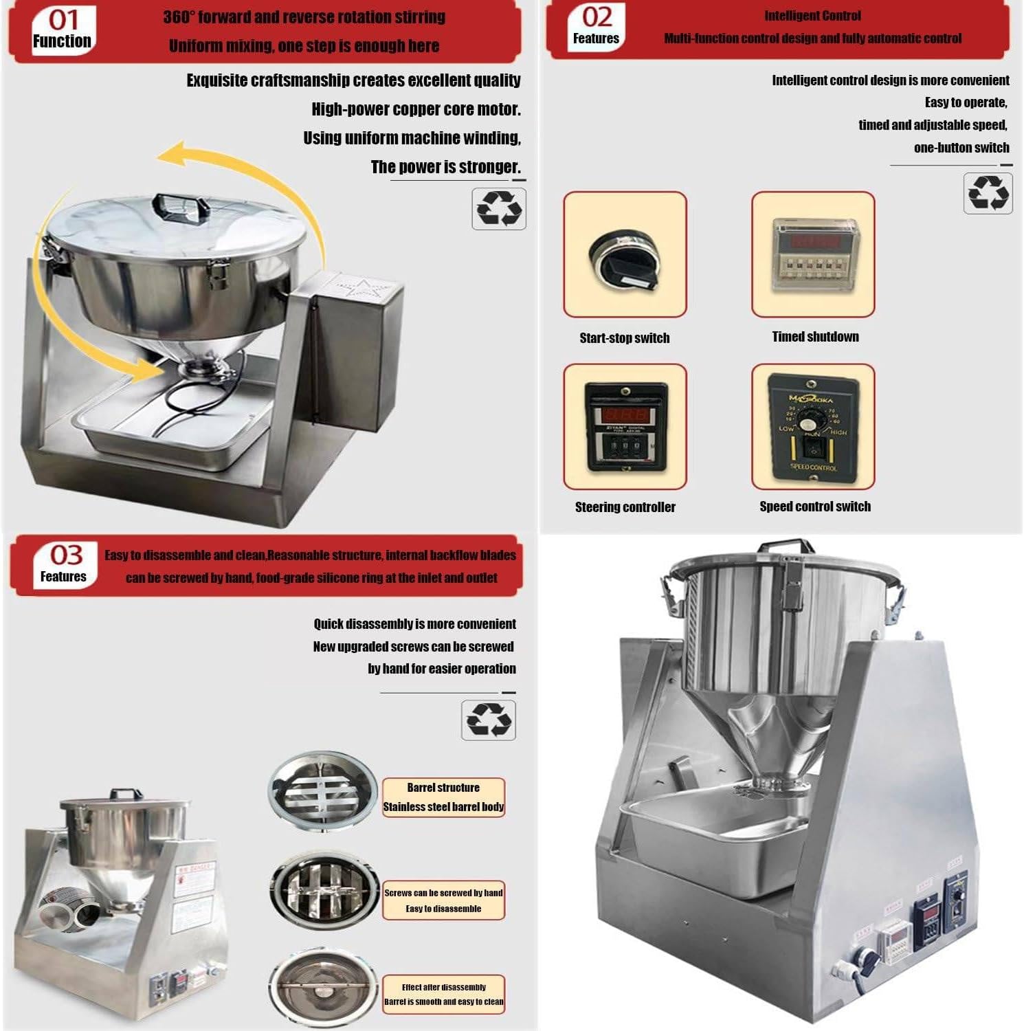 Electric 304 Stainless Steel Powder Blender,Dry Powder Granule Mixer,Laboratory Mixing Equipment,Small Dry Powder Mixing Machine, for 5/10/20/40L Materials 40L