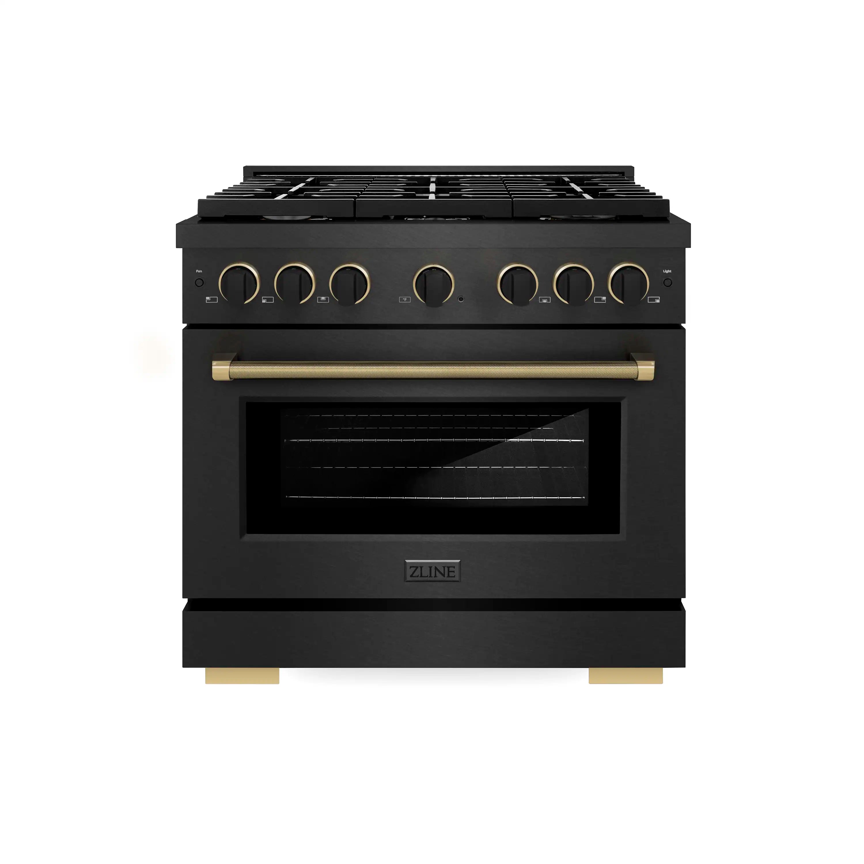 ZLINE Designer 36-Inch 5.2 Cu. Ft. Dual Fuel Range with 6 Burner Gas Cooktop in Black Satin with Black and Champagne Bronze Helix Handle (SDRBSZ-36-MBCB)