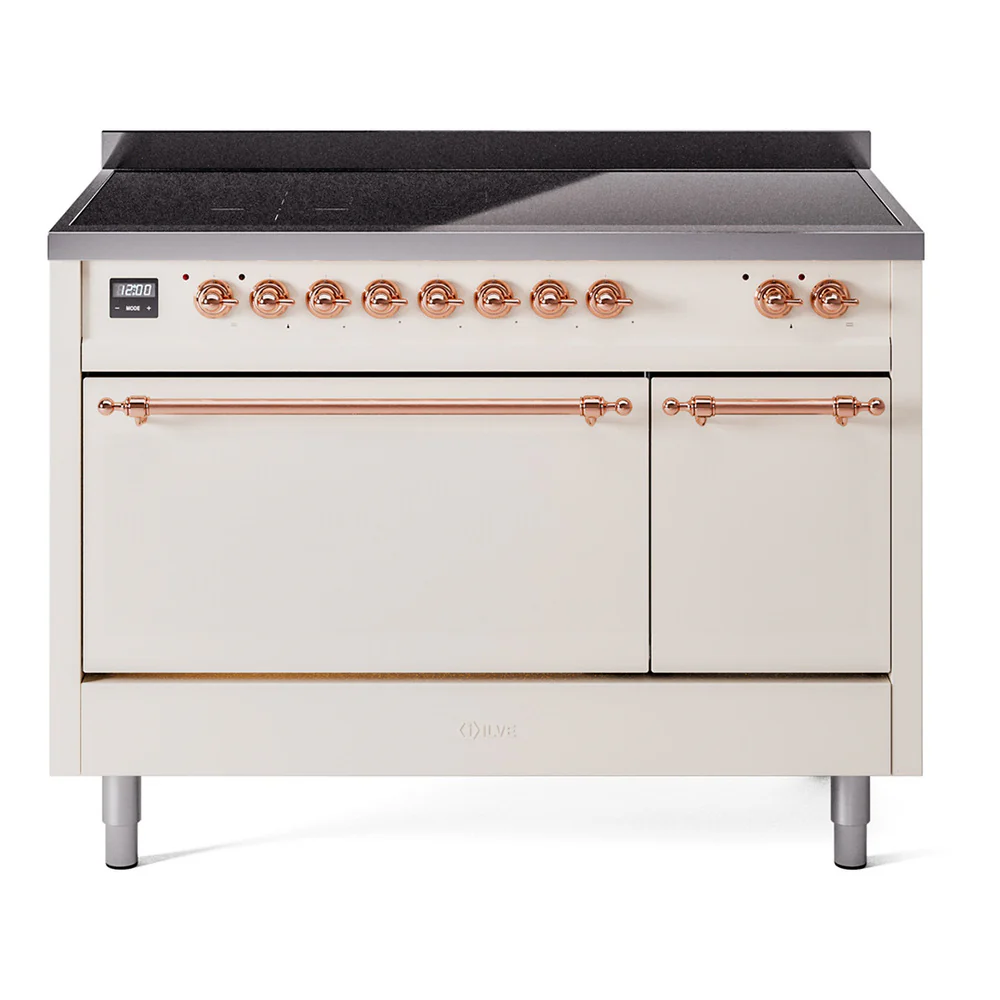 ILVE 48-Inch Nostalgie II Induction Range with Solid Door Oven in Antique White with Copper Trim (UPI486QNMPAWP)