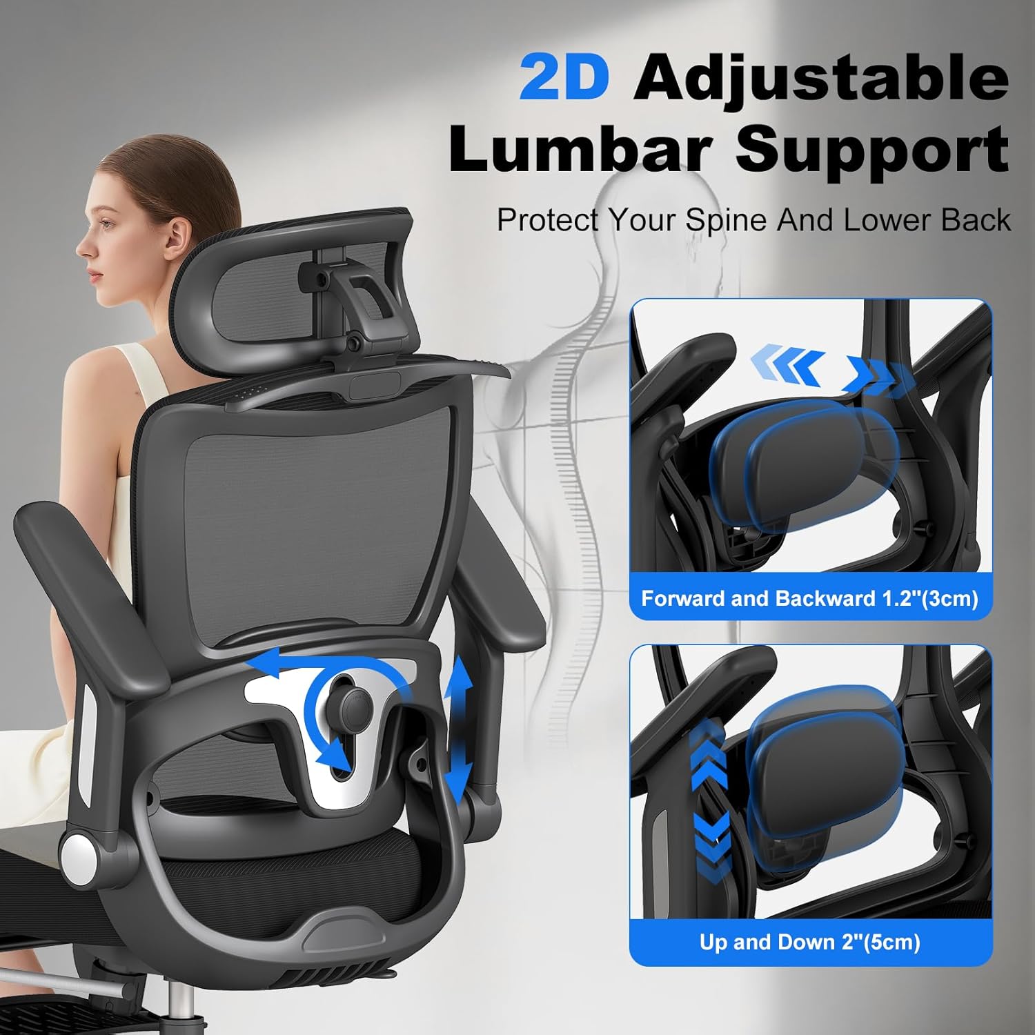 ZZH Ergonomic Office Chair with Footrest, High-Back Home Desk Chair with Adjustable Lumbar Support, Headrest, Flip-Up Arms, 90-135° Tilt Lock, and Wide Cushion, Big and Tall Mesh Computer Seating
