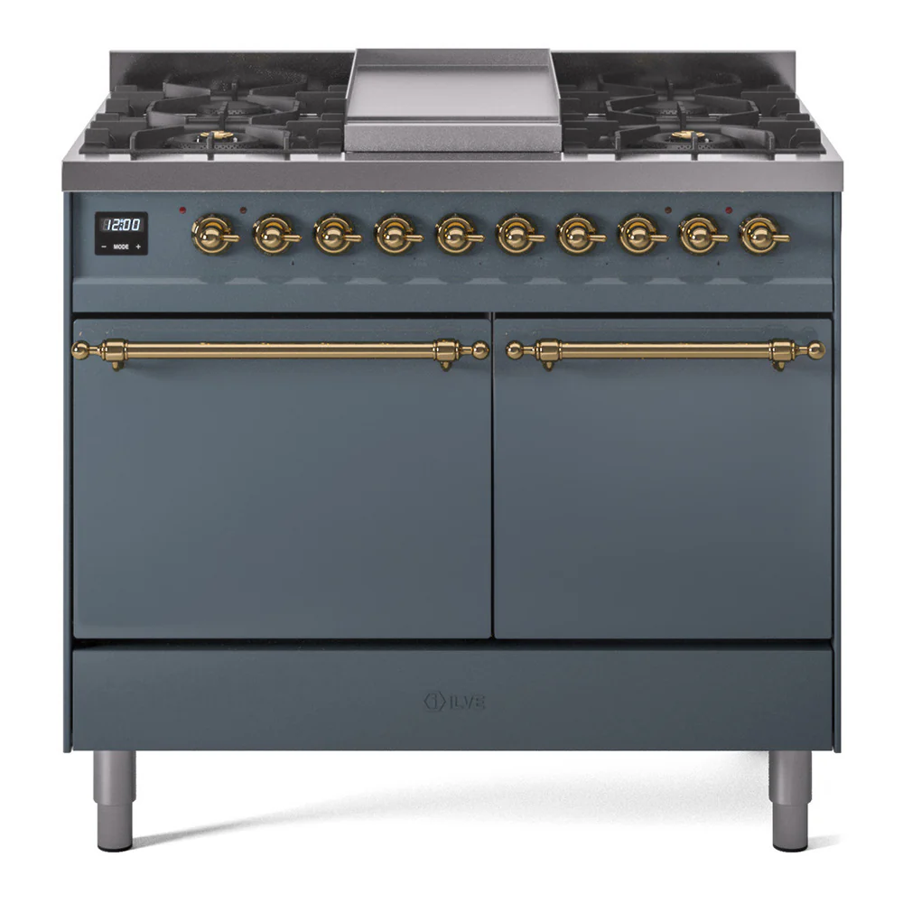 ILVE 40-Inch Nostalgie II Dual Fuel Range with 6 Burners, Griddle and Solid Door Oven in Blue Grey with Brass Trim (UPD40FQNMPBGG)