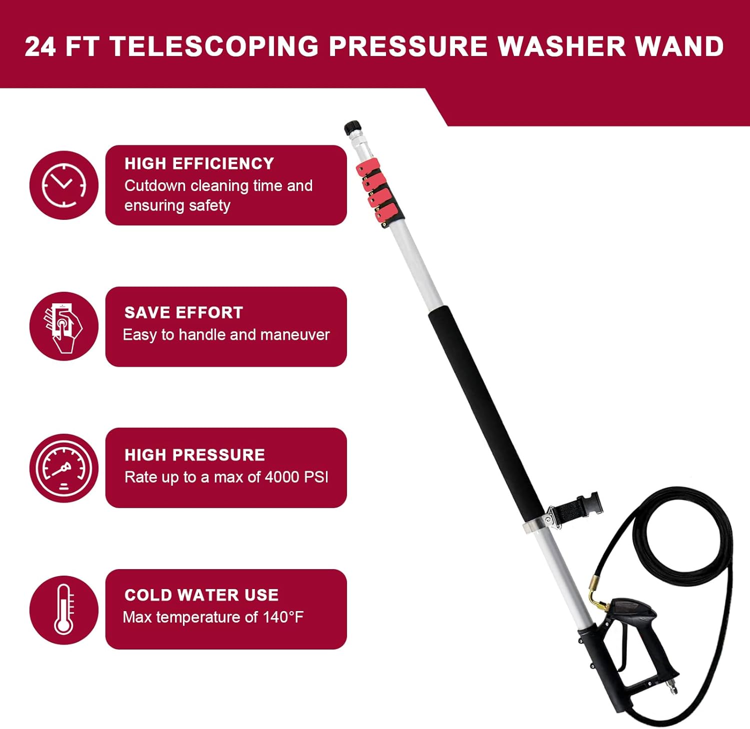 24 FT Telescoping Pressure Washer Wand with Pressure Washer Extension Wand,Brush Head,Gutter Cleaner Attachment and Support Belt,Pressure Washer Extension Pole for Wall Roof Gutter