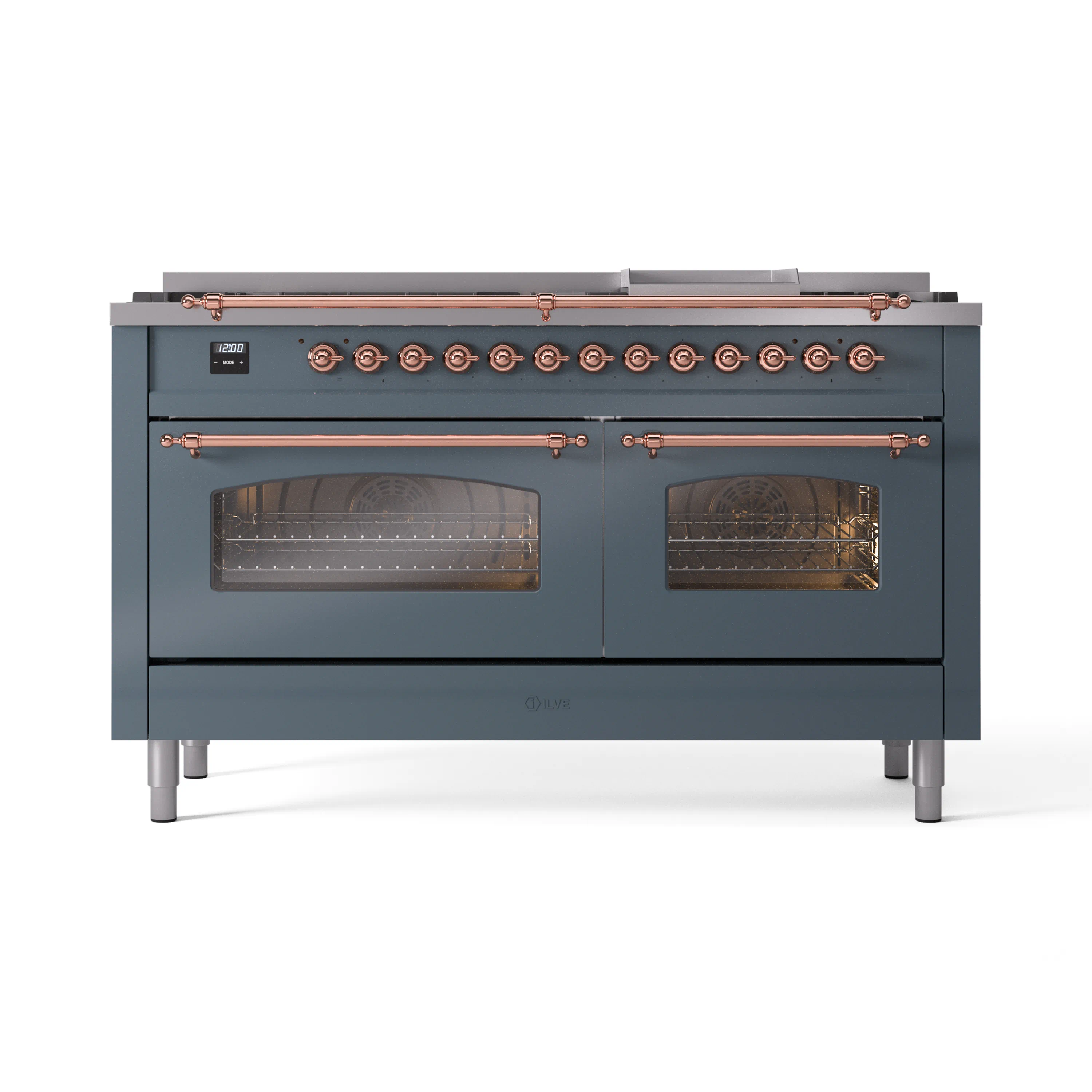 ILVE 60-Inch Nostalgie II Dual Fuel Range with 9 Burners, Griddle and Triple Glass Door Oven in Blue Grey with Copper Trim (UP60FNMPBGP)