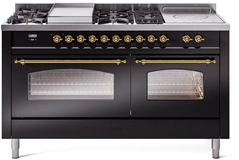 ILVE Nostalgie II 60-Inch Dual Fuel Range with 7 Burners, Griddle, & French Top with Triple Glass Door Oven in Glossy Black with Brass Trim (UP60FSNMPBKG)