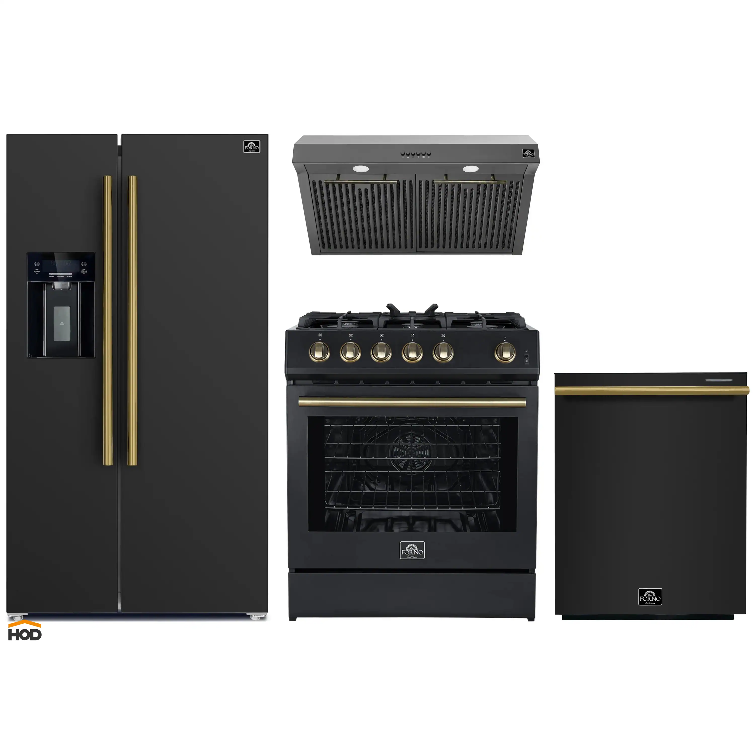 Forno 4-Piece Appliance Package - 30-Inch Gas Range, Under Cabinet Range Hood, Refrigerator with Water Dispenser, and Dishwasher in Black with Antique Brass Trim