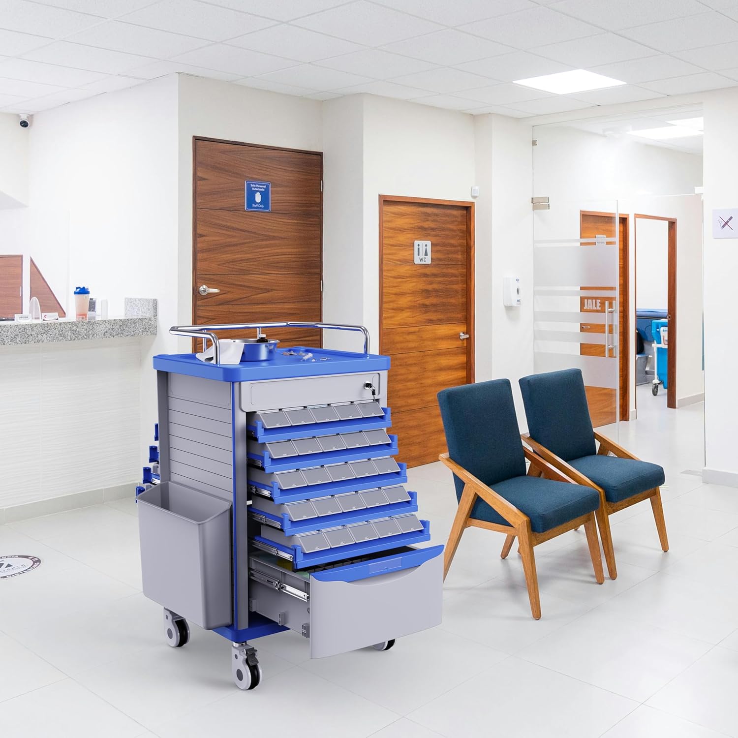 Medication Bins Cart with 200 Bins and Drawer - Dual-Sided Open, 50 Medicine Boxes, Silent Casters, Movable Container, 2 Trash Bin-Medical Crash Cart for Clinic, Hospital and Lab, Factory