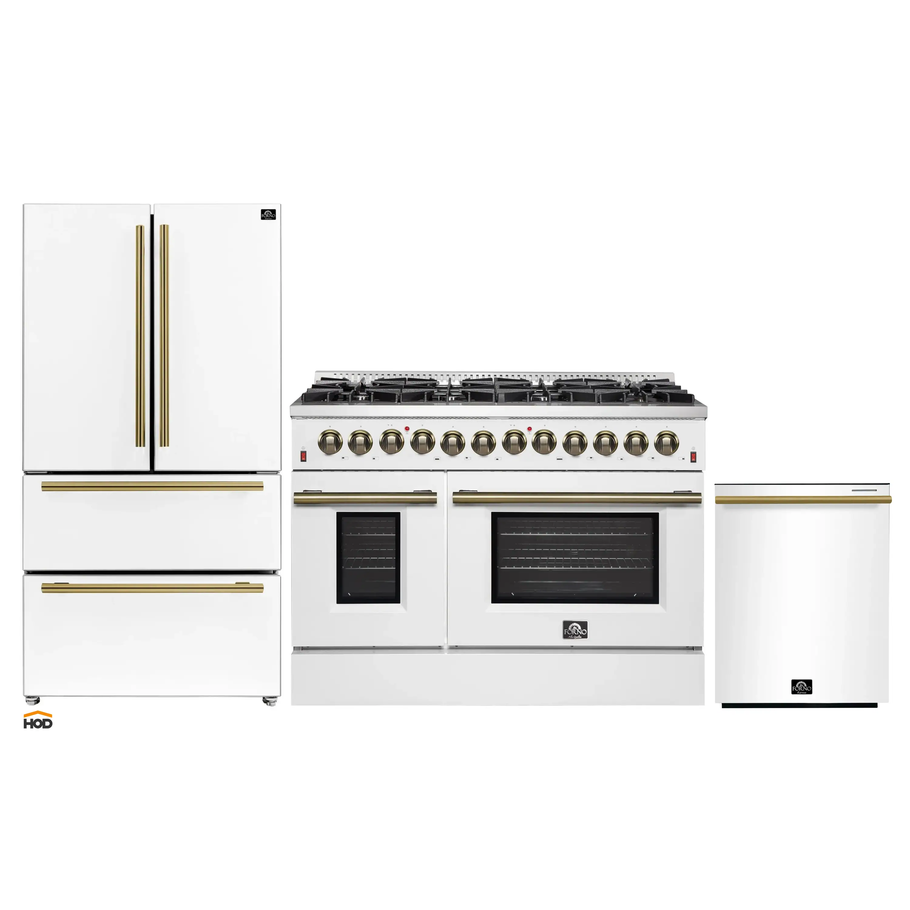 Forno Galiano 3-Piece Appliance Package - 48-Inch Dual Fuel Range, 36-Inch Refrigerator, & 24-Inch Dishwasher in White with Antique Brass Trim