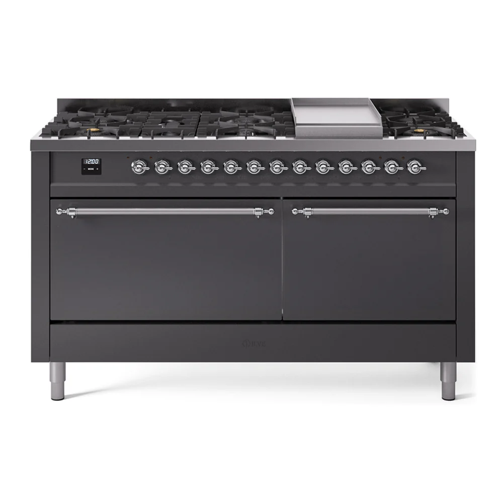 ILVE 60-Inch Nostalgie II Dual Fuel Range with 9 Burners, Griddle, and Solid Door Oven in Matte Graphite with Chrome Trim (UP60FQNMPMGC)