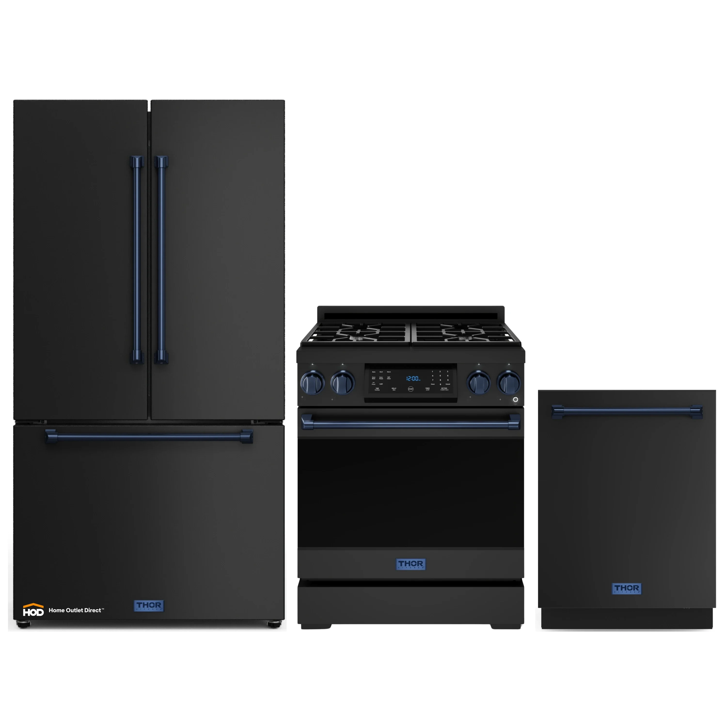 Gordon Ramsay by Thor Kitchen 3-Piece Appliance Package - 30-Inch Gas Range with Tilt Panel, 36-Inch Refrigerator, and Dishwasher in Black with Blue Trim