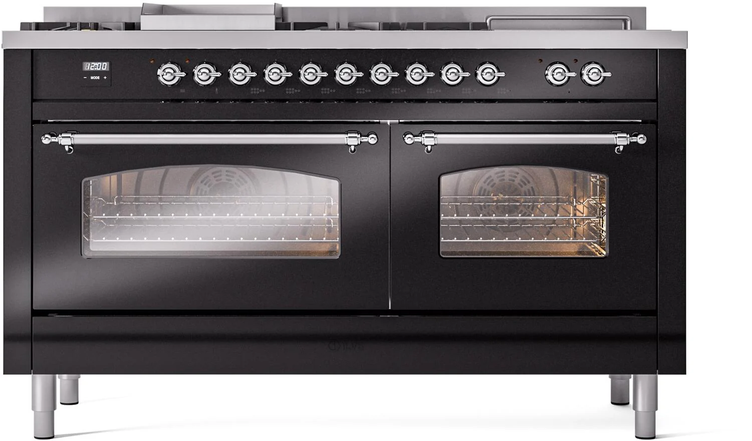 ILVE Nostalgie II 60-Inch Dual Fuel Range with 7 Burners, Griddle, & French Top with Triple Glass Door Oven in Glossy Black with Chrome Trim (UP60FSNMPBKC)