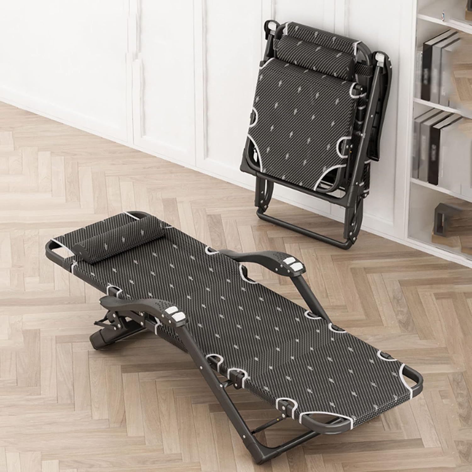 Recliners - Reclining Outdoor Sun Loungers - Relaxer Chairs for Patio Decking Gardens Camping - with Pillow and Massage Armrest, Supports 660LB (Black-Recliner + Cushion