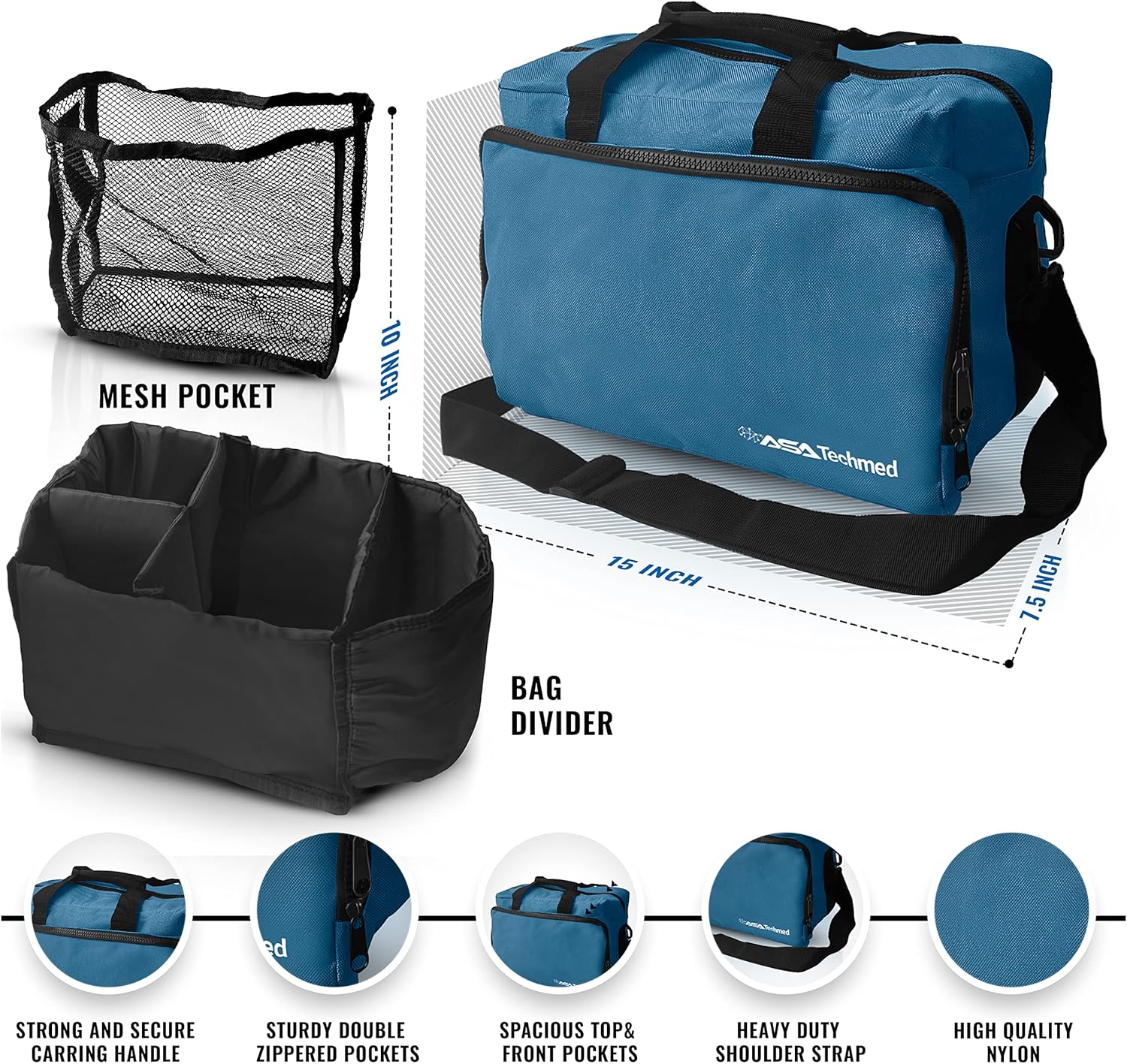 ASA TECHMED Physical Therapy Home Health Aide Comprehensive Kit - Carrying Bag, Blood Pressure Cuff, Stethoscope, Gait Belt - Blue