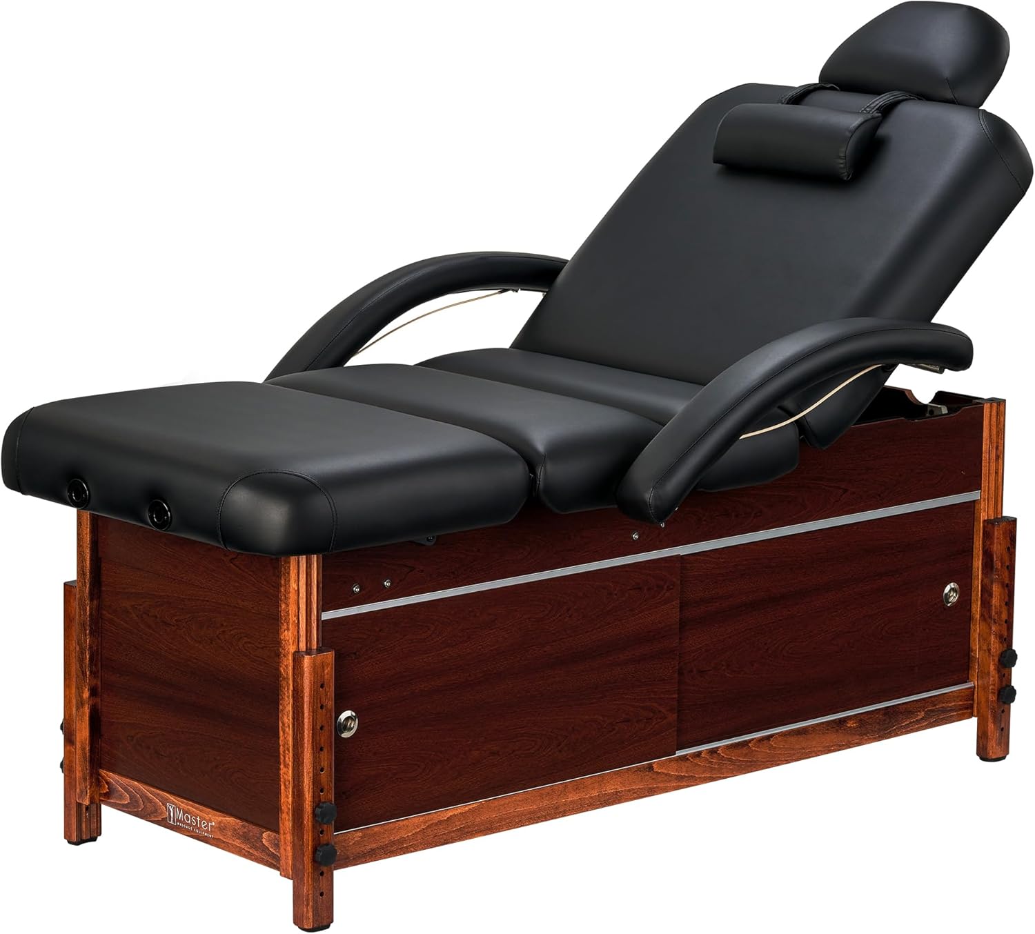 Master Massage Cabrillo Stationary Massage Table - Facial Beauty Lash Bed - 4 Section Salon Spa Bed with Storage Cabinet - Pneumatic Tilting Backrest and Leg Rest, Black with Walnut Legs, 30 Inch