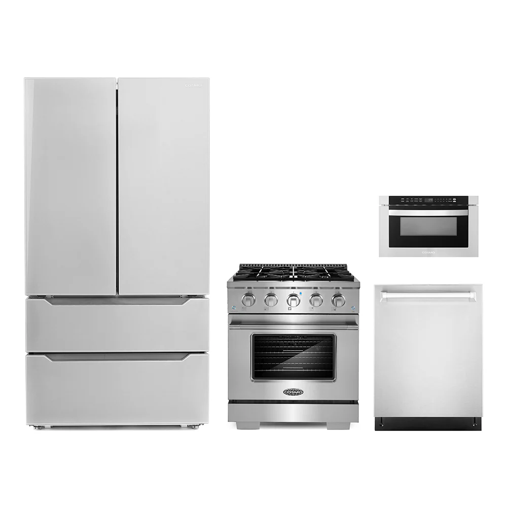 Cosmo 4-Piece Appliance Package - 30-Inch Gas Range, Dishwasher, Refrigerator and Microwave Drawer in Stainless Steel (COS-4PKG-270)