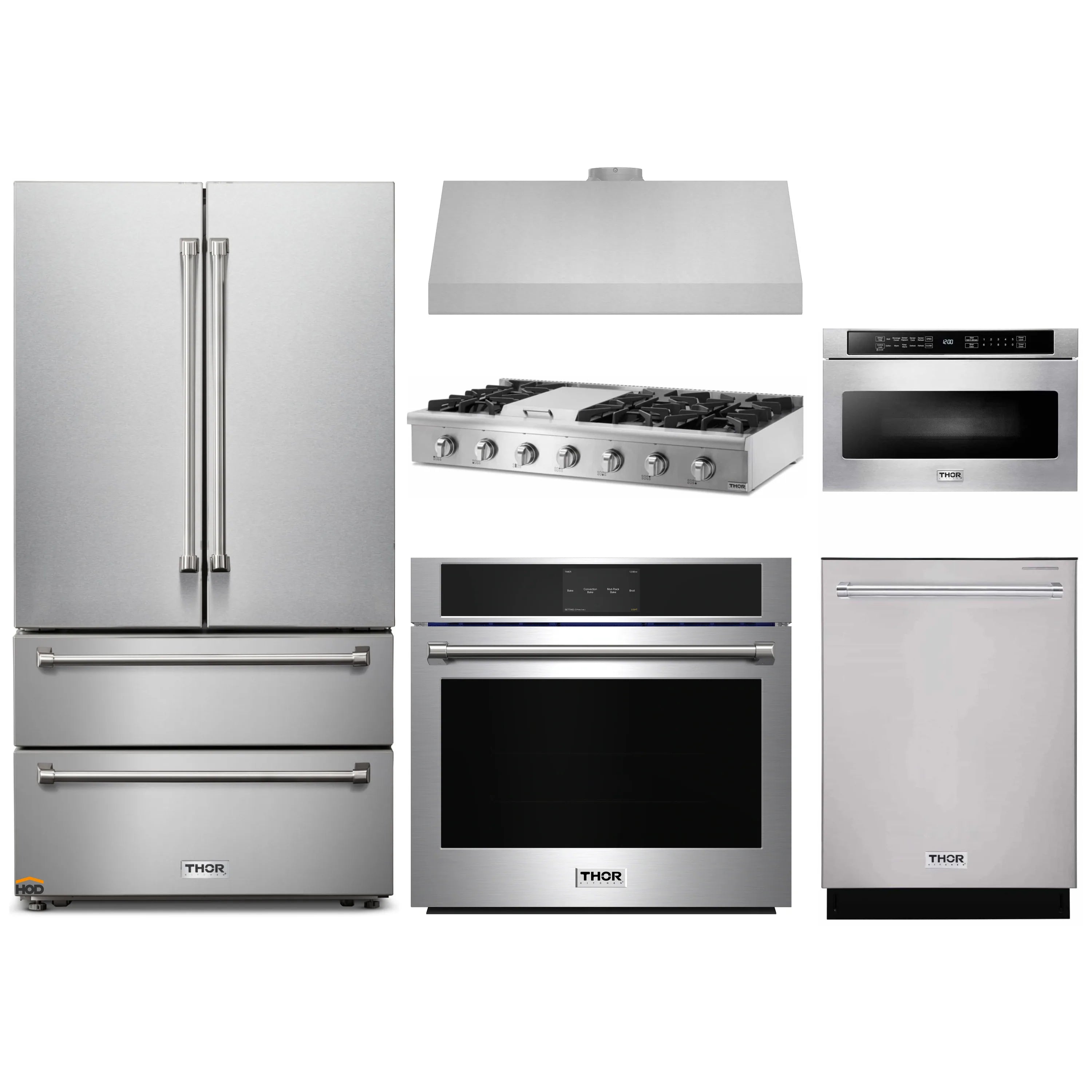 Thor Kitchen 6-Piece Pro Appliance Package - 48-Inch Rangetop, Electric Wall Oven, Under Cabinet 11-Inch Tall Hood, Refrigerator, Dishwasher, & Microwave Drawer in Stainless Steel