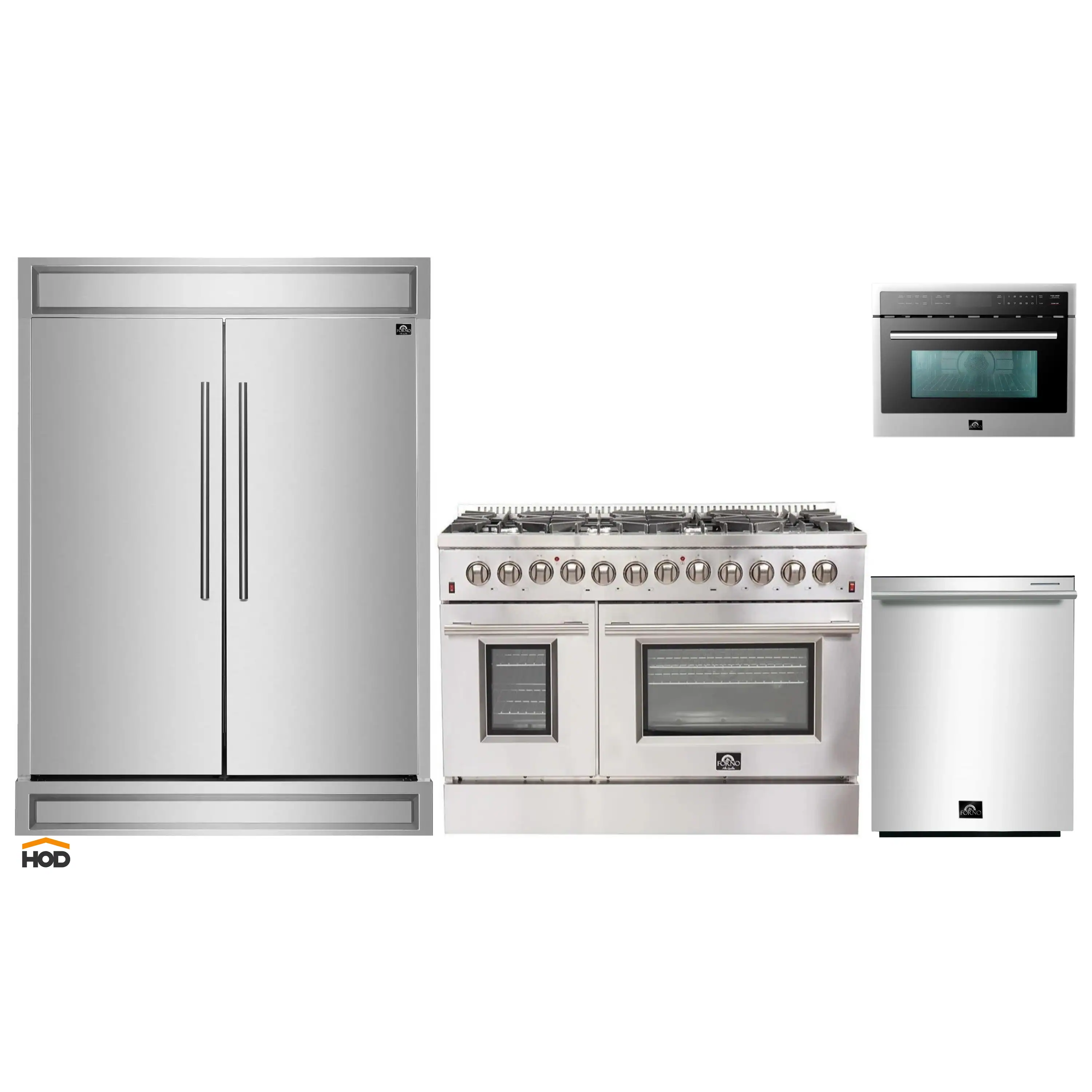 Forno 4-Piece Appliance Package - 48-Inch Dual Fuel Range, 60-Inch Refrigerator, 24-Inch Microwave Oven, & 3-Rack Dishwasher in Stainless Steel