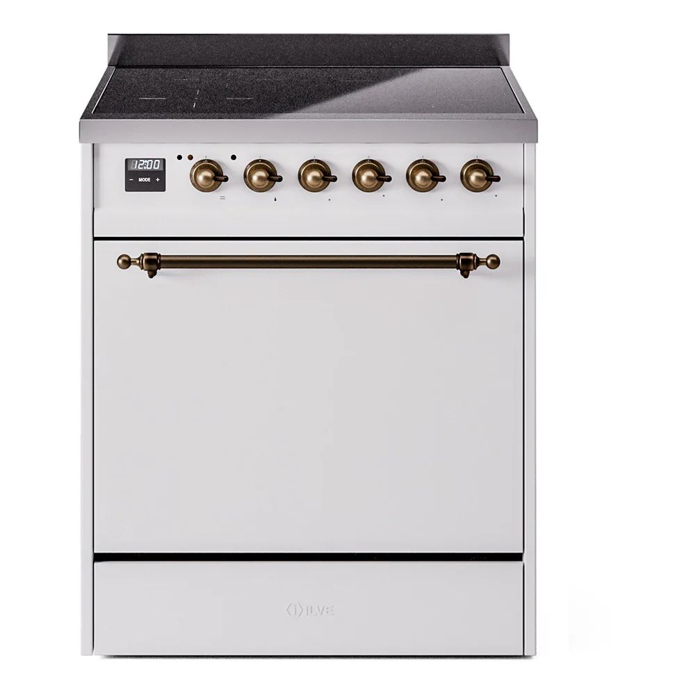 ILVE 30-Inch Nostalgie II Induction Range with Solid Door Oven in White with Bronze Trim (UPI304QNMPWHB)