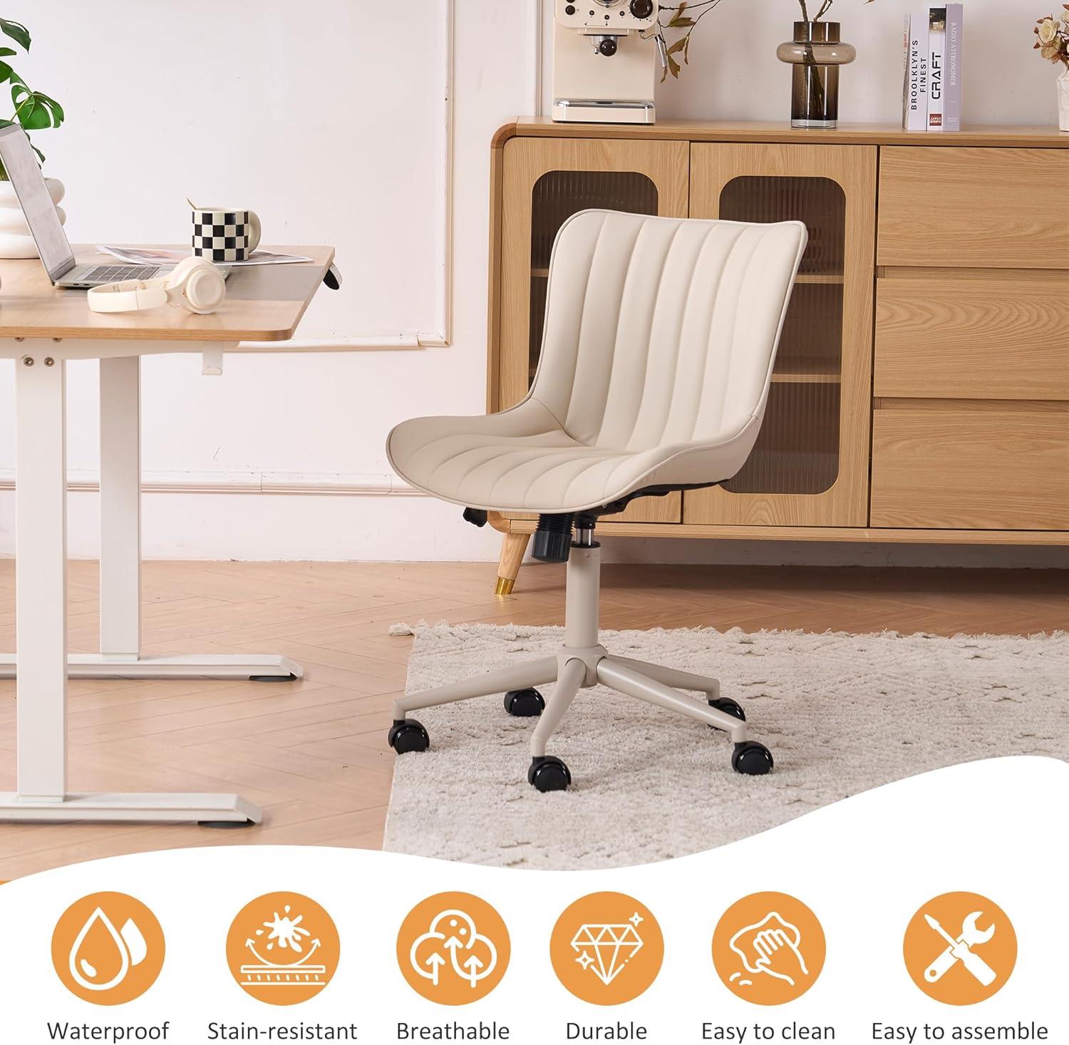YOUNIKE Cream Home Office Desk Chair with Wheels Armless Compact Comfy Vanity Chair with Adjustable Back Modern Small Leather Upholstered Rolling Swivel Cute Computer Task Sewing Chair No Arms