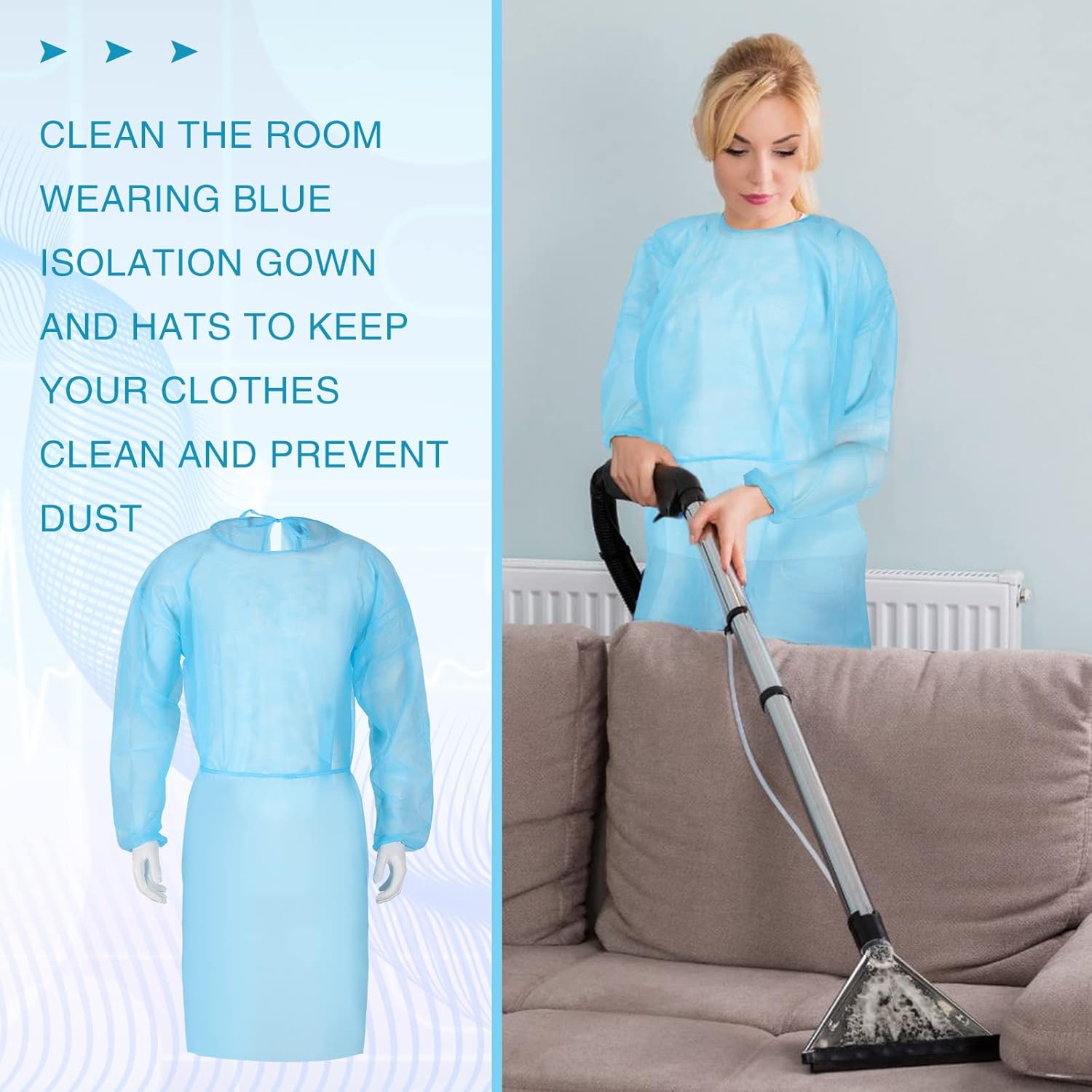 Xuhal 300 Pack Disposable Isolation Gowns PPE Gowns Disposable Bulk Fully Closed Double Tie Back Elastic Cuffs for Home Isolation, Labs, Dental, Beauty Agencies, Tattoo Practices, Unisex (Blue)