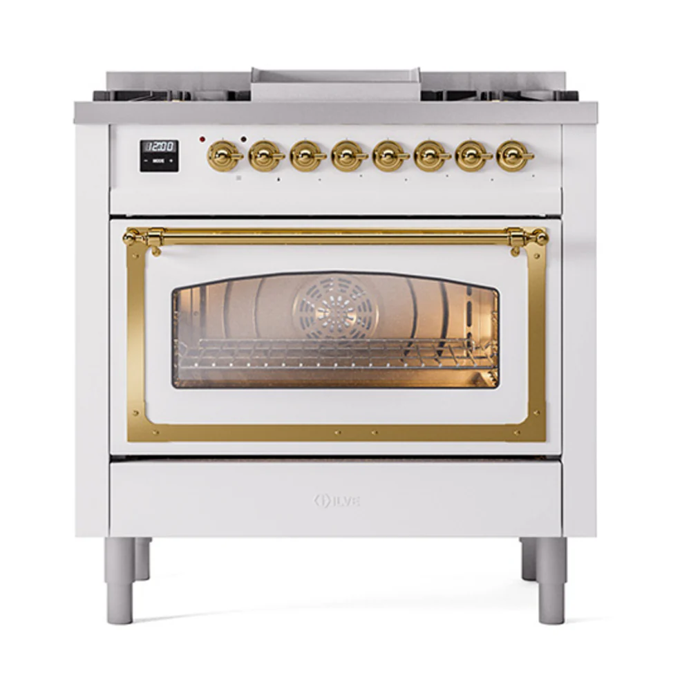 ILVE Nostalgie II Noblesse 36-Inch Dual Fuel Range and Triple Glass Door in White with Brass Trim (UN36FNMPWHG)