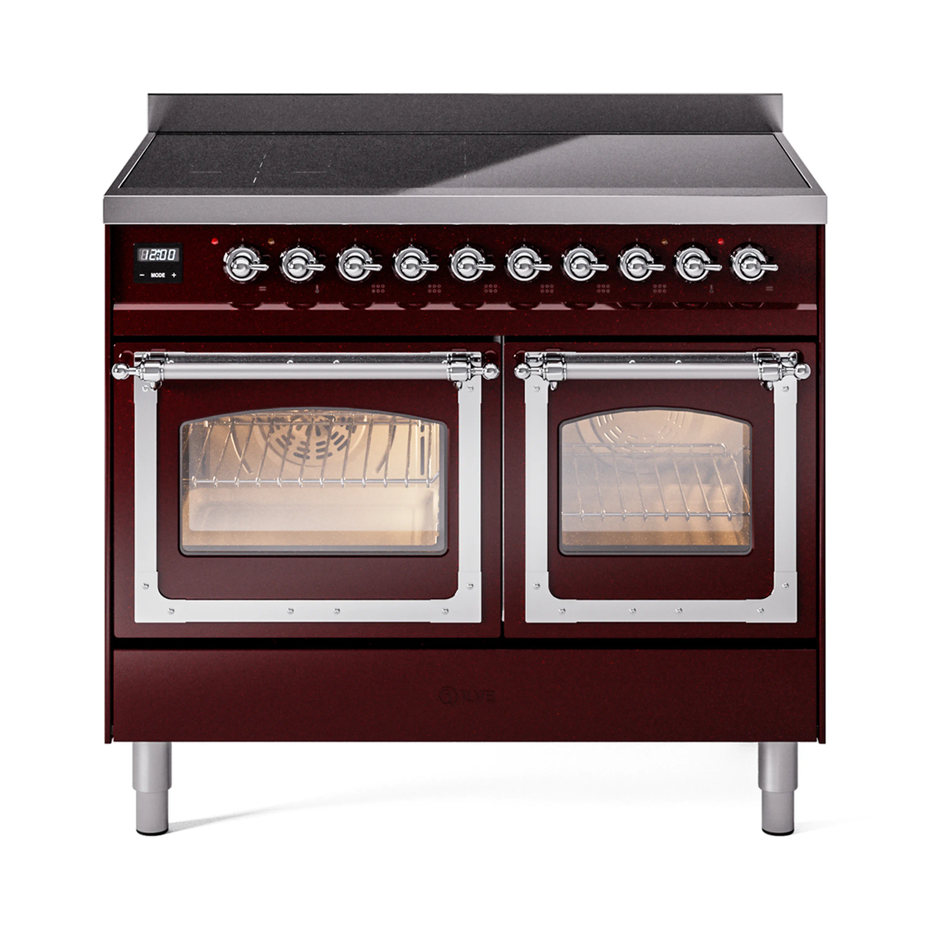ILVE 40-Inch Nostalgie II Noblesse Induction Range with Triple Glass Door in Burgundy with Chrome Trim (UNDI406NMPBUC)