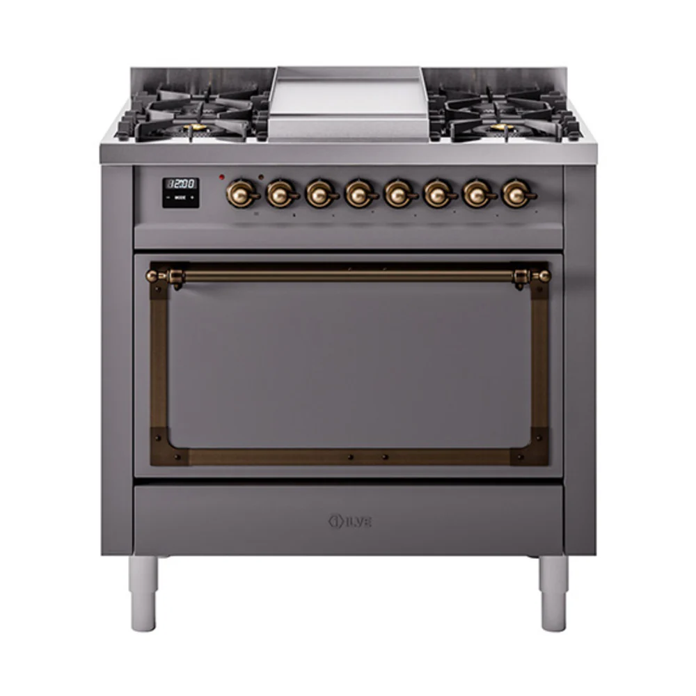 ILVE Nostalgie II Noblesse 36-Inch Dual Fuel Range and Solid Door Oven in Matte Graphite with Bronze Trim (UN36FQNMPMGB)