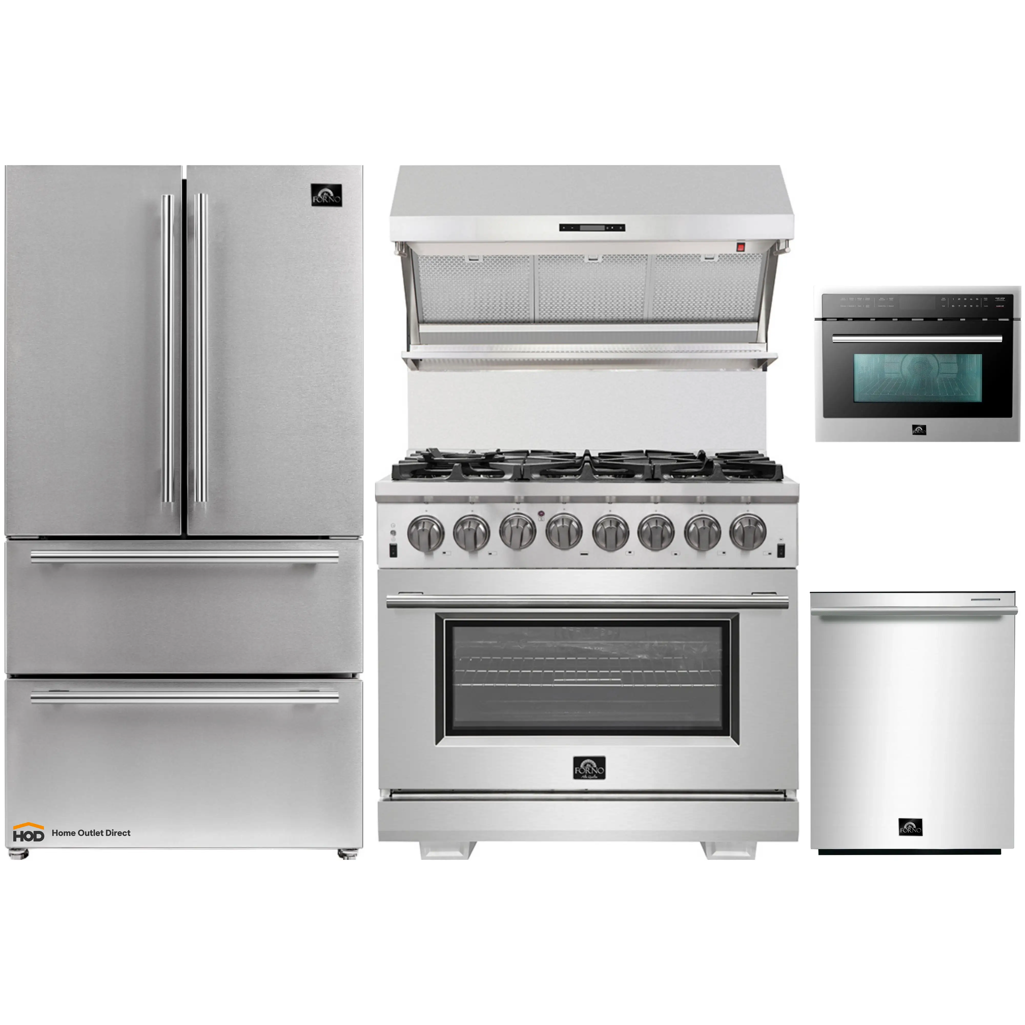 Forno 5-Piece Pro Appliance Package - 36-Inch Dual Fuel Range, Refrigerator, Wall Mount Hood with Backsplash, 24-Inch Microwave Oven, & 3-Rack Dishwasher in Stainless Steel