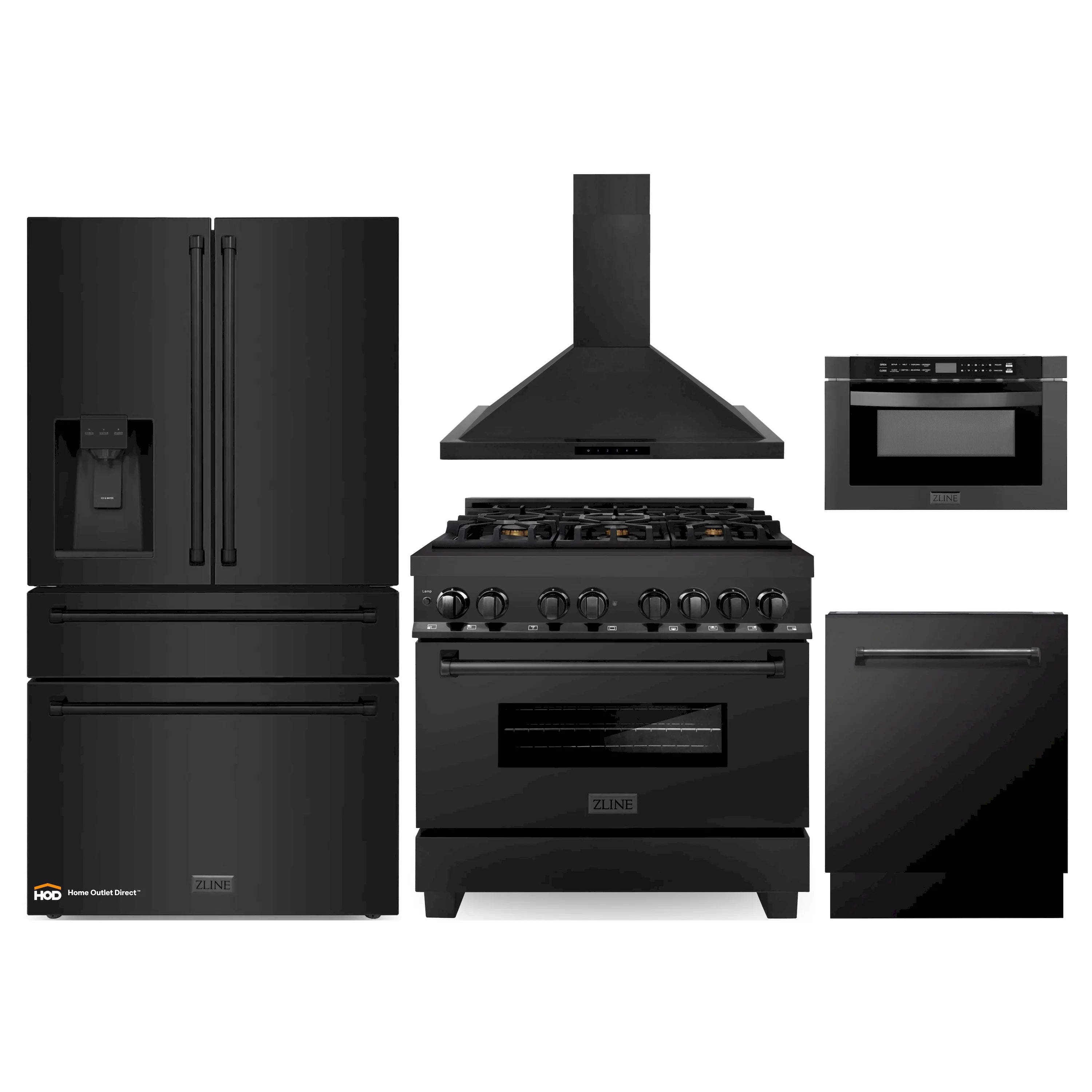 ZLINE 5-Piece Appliance Package - 36-Inch Dual Fuel Range, Refrigerator with Water Dispenser, Convertible Wall Mount Hood, Microwave Drawer, and 3-Rack Dishwasher in Black Stainless Steel