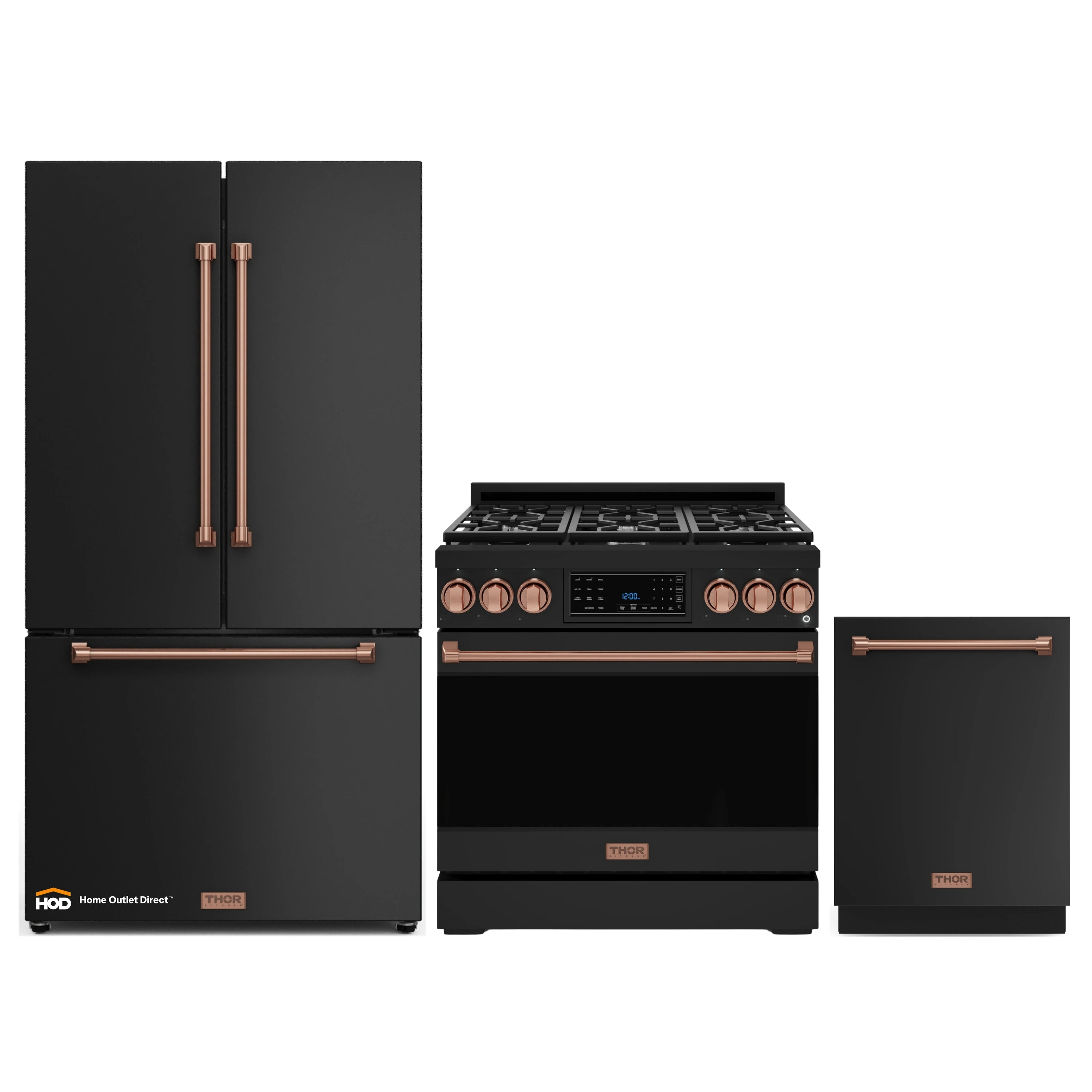 Gordon Ramsay by Thor Kitchen 3-Piece Appliance Package - 36-Inch Gas Range with Tilt Panel, 36-Inch Refrigerator, and Dishwasher in Black with Rose Gold Trim