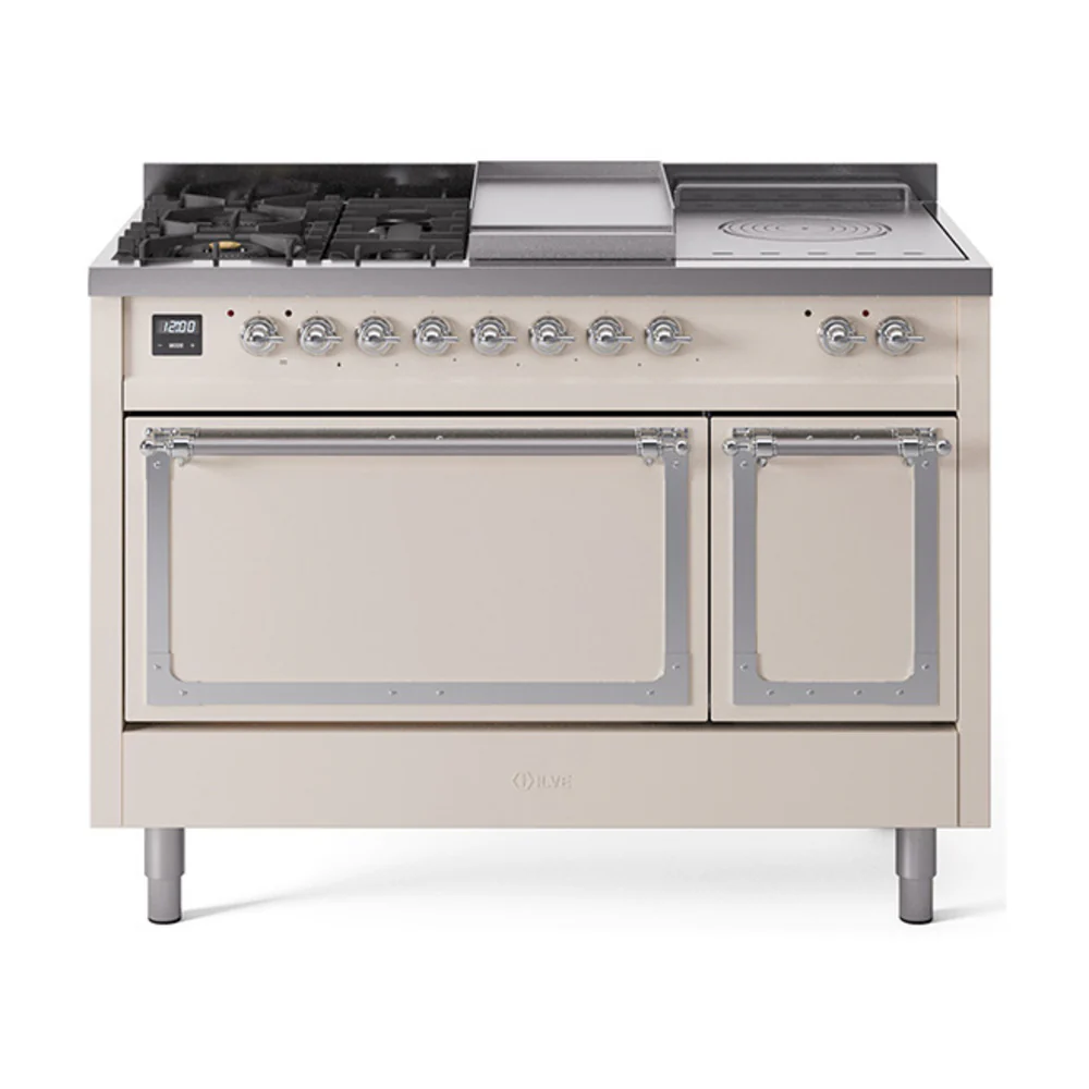 ILVE 48-Inch Nostalgie II Noblesse Dual Fuel Range with 5 Sealed Burners, Griddle, French Top and Solid Door Oven in Antique White with Chrome Trim (UN48FSQNMPAWC)