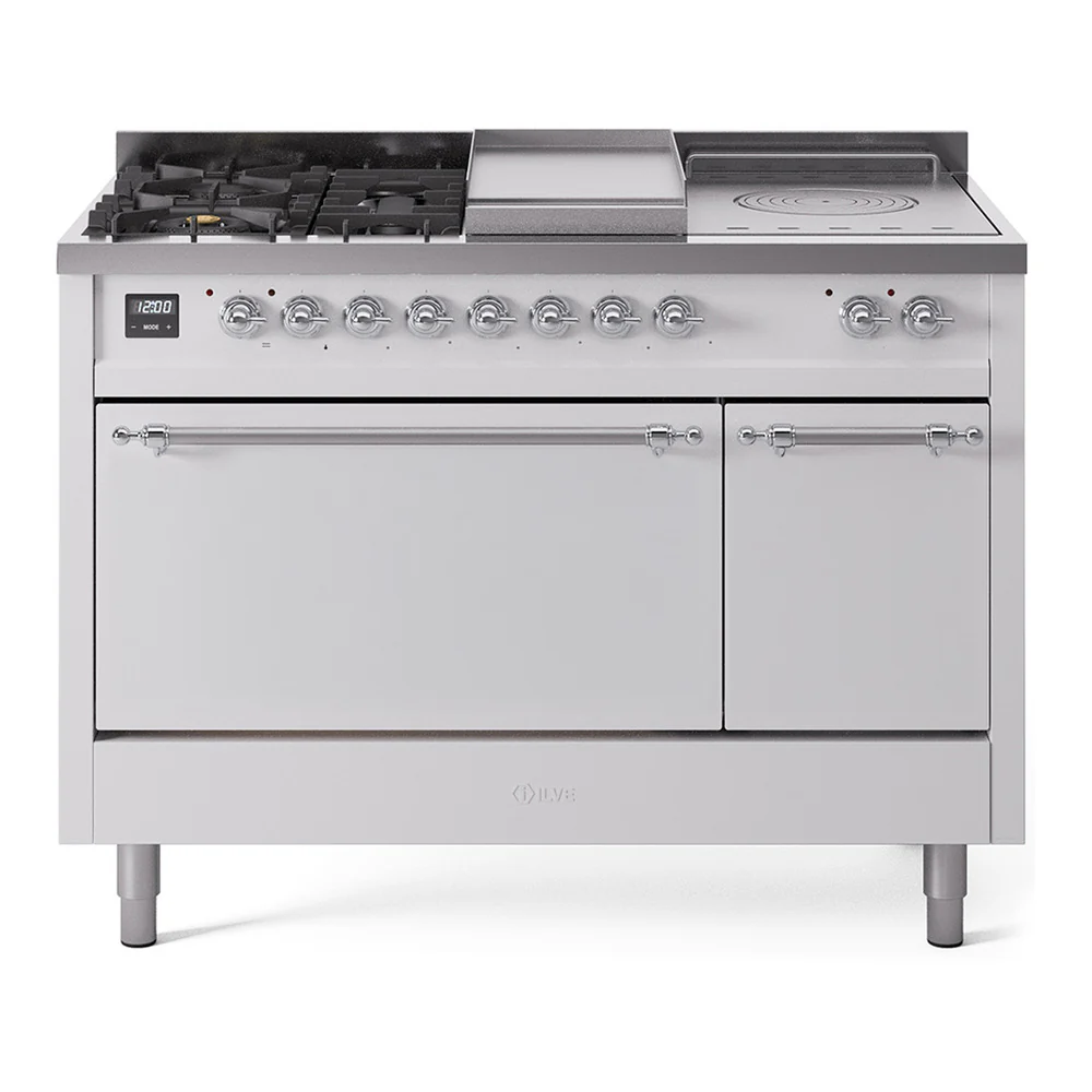 ILVE Nostalgie II 48-Inch Dual Fuel Range with 5 Burners, Griddle, & French Top, with Solid Door Oven in White with Chrome Trim (UP48FSQNMPWHC)
