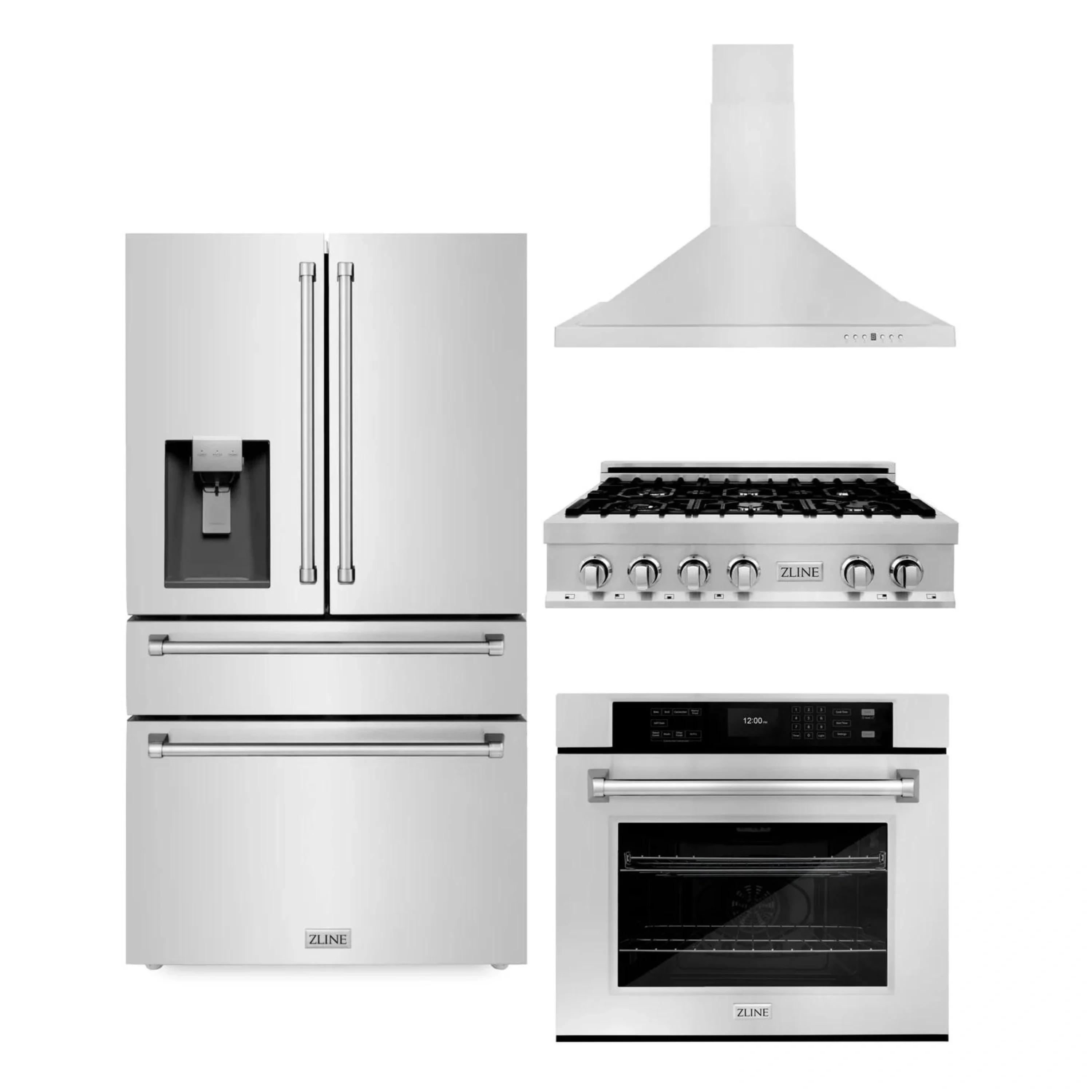 ZLINE 4-Piece Appliance Package - 36-Inch Rangetop, 30鈥?Wall Oven, 36鈥?Refrigerator with Water Dispenser, and Convertible Wall Mount Hood in Stainless Steel (4KPRW-RTRH36-AWS)